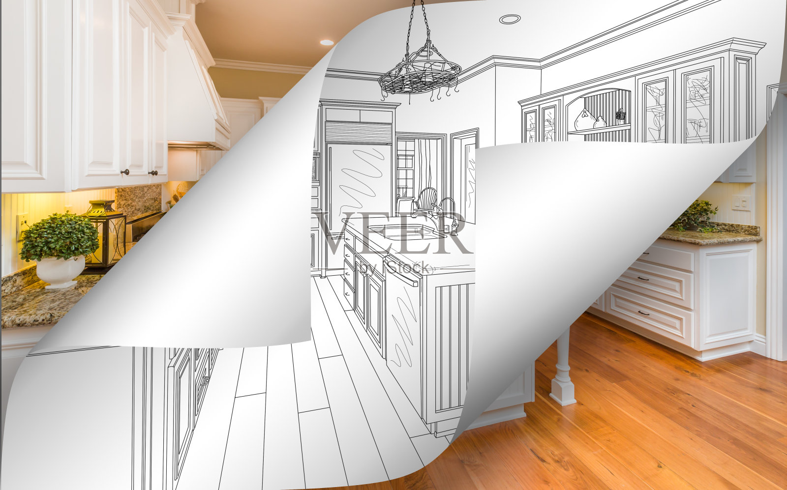 厨房绘图页角与照片背后翻转照片摄影图片