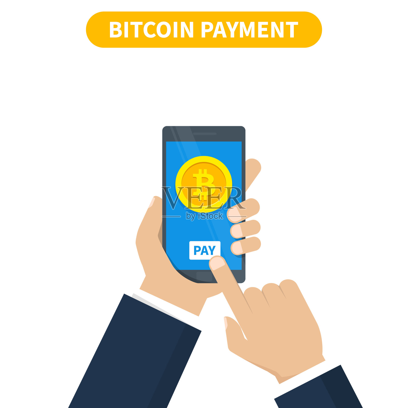 比特币交易的概念。使用智能手机钱包购买加密货币。矢量插图。插画图片素材