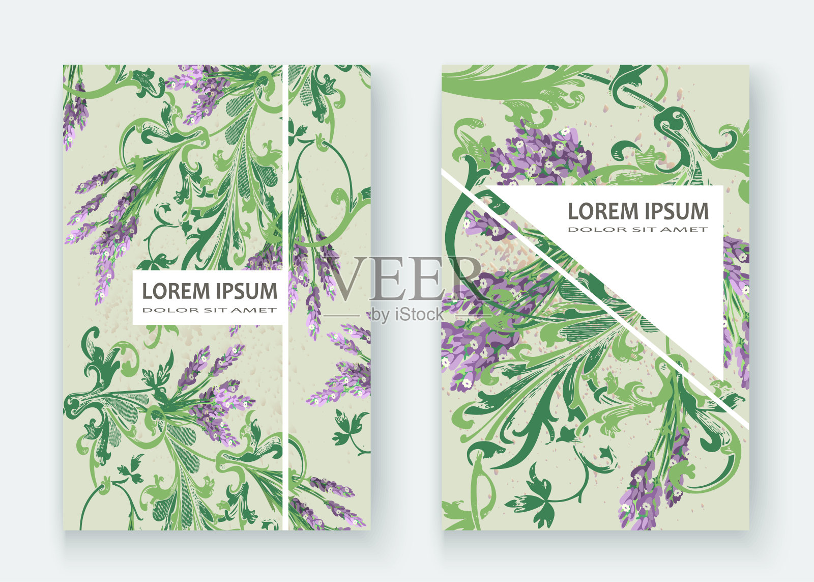 薰衣草花图案封面设计。手绘创意花。高雅时尚的艺术背景绽放绿叶枝桠。图形插图婚礼，请柬，海报，贺卡，封面书，目录向量插画图片素材