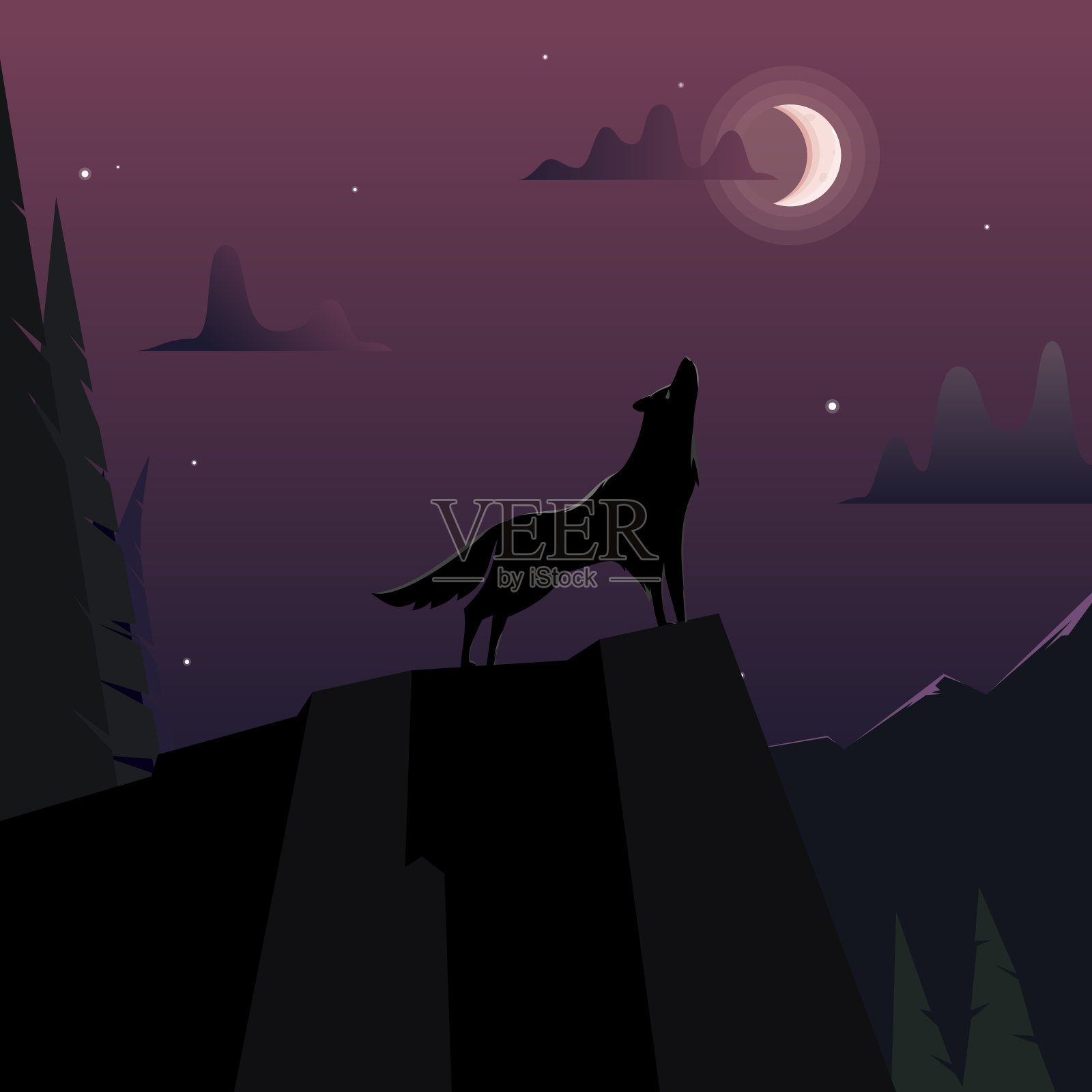 狼对着月亮嚎叫插画图片素材