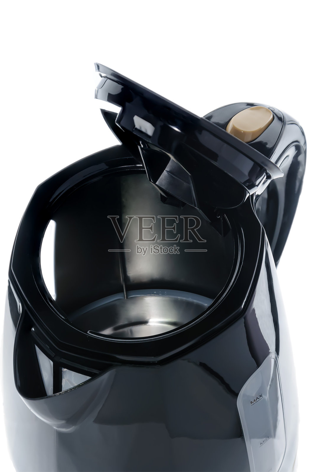 黑色和米色塑料隔离无绳电水壶在白色背景照片摄影图片