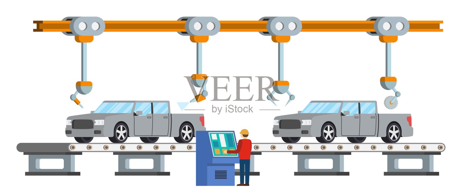 汽车装配输送线。机器人汽车机械行业概念。插画图片素材