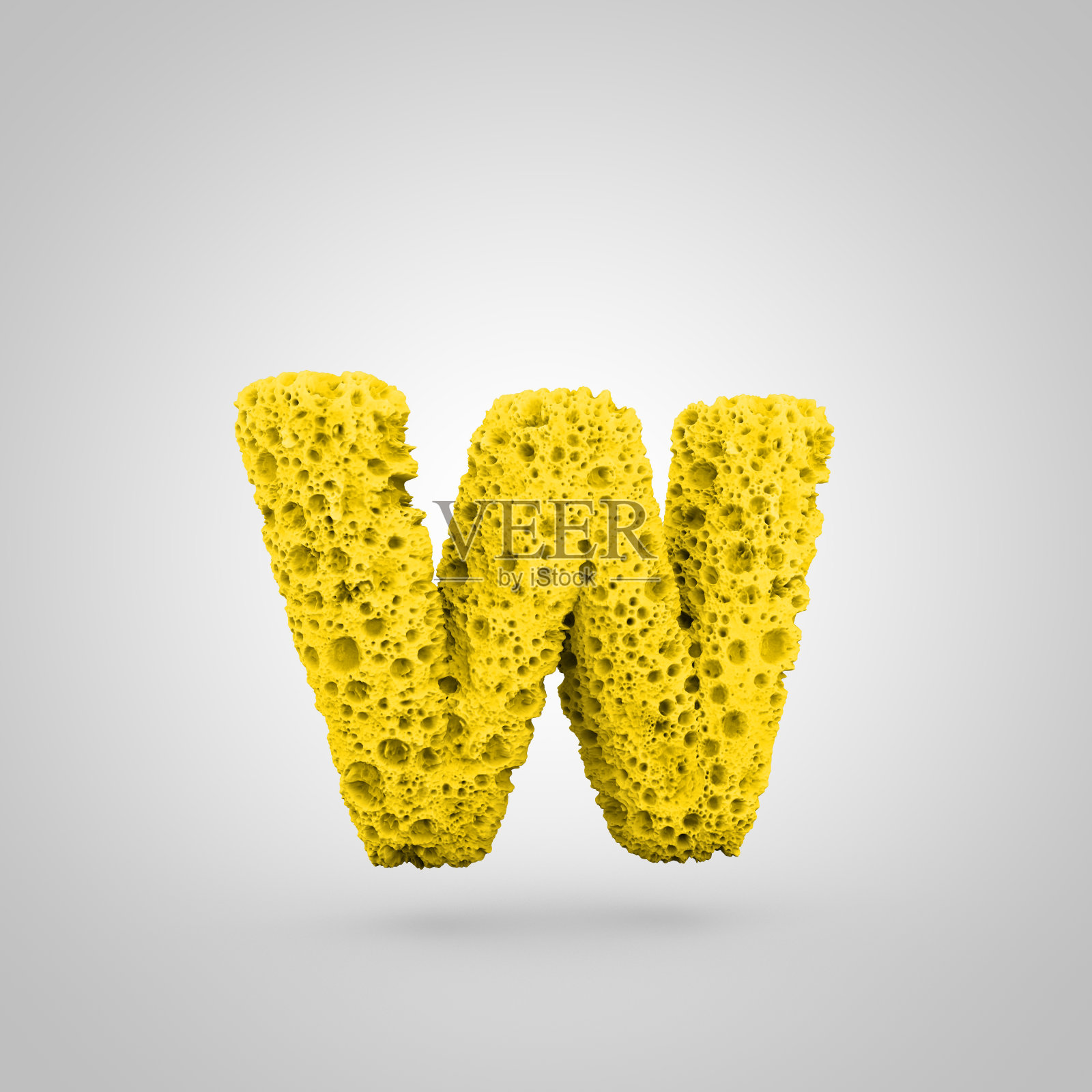 黄色海绵字母W小写孤立在白色背景上。照片摄影图片