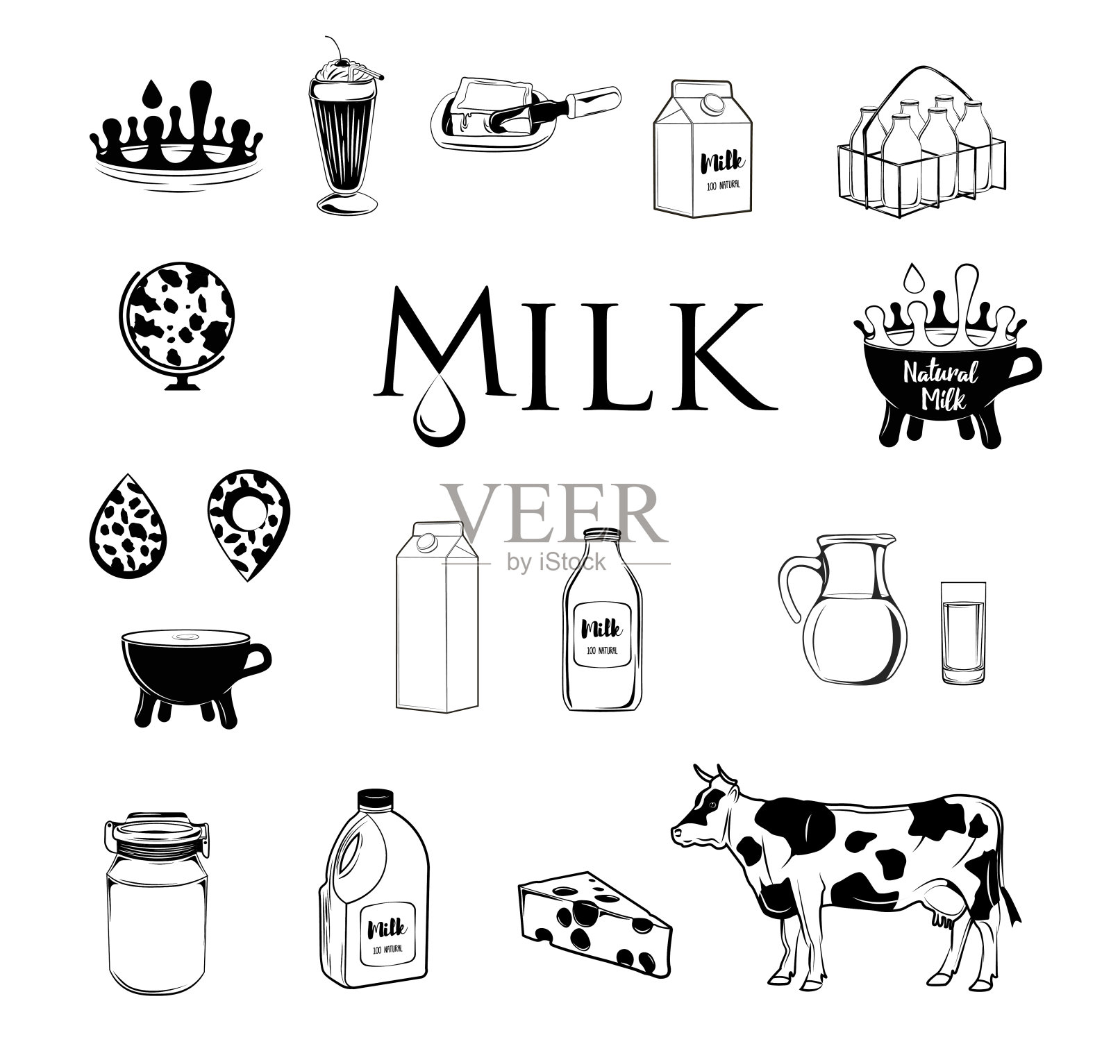 牛奶乳制品图标集。奶牛，牛奶罐，杯子，奶昔。矢量插图。插画图片素材
