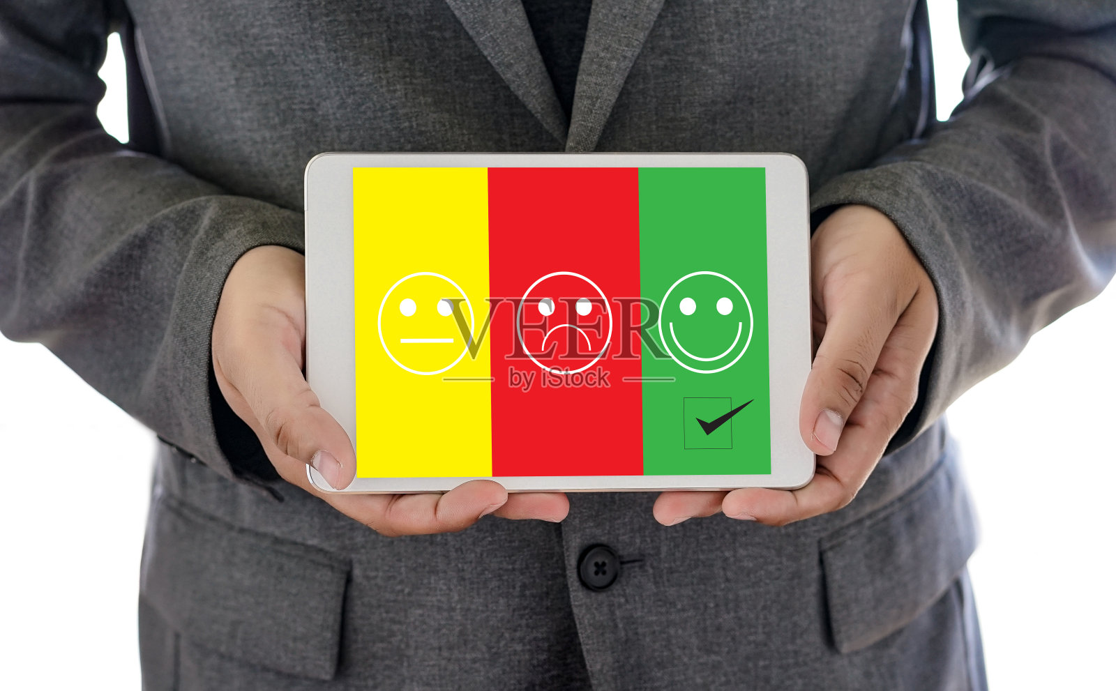 男人和女人在满意度评估上选择快乐?好心情，微笑和评估照片摄影图片