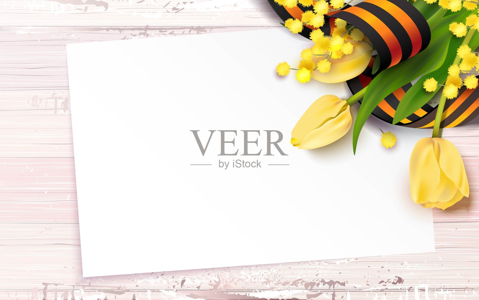 黑色和橙色的圣乔治丝带，黄色的郁金香和含羞草枝设计模板素材