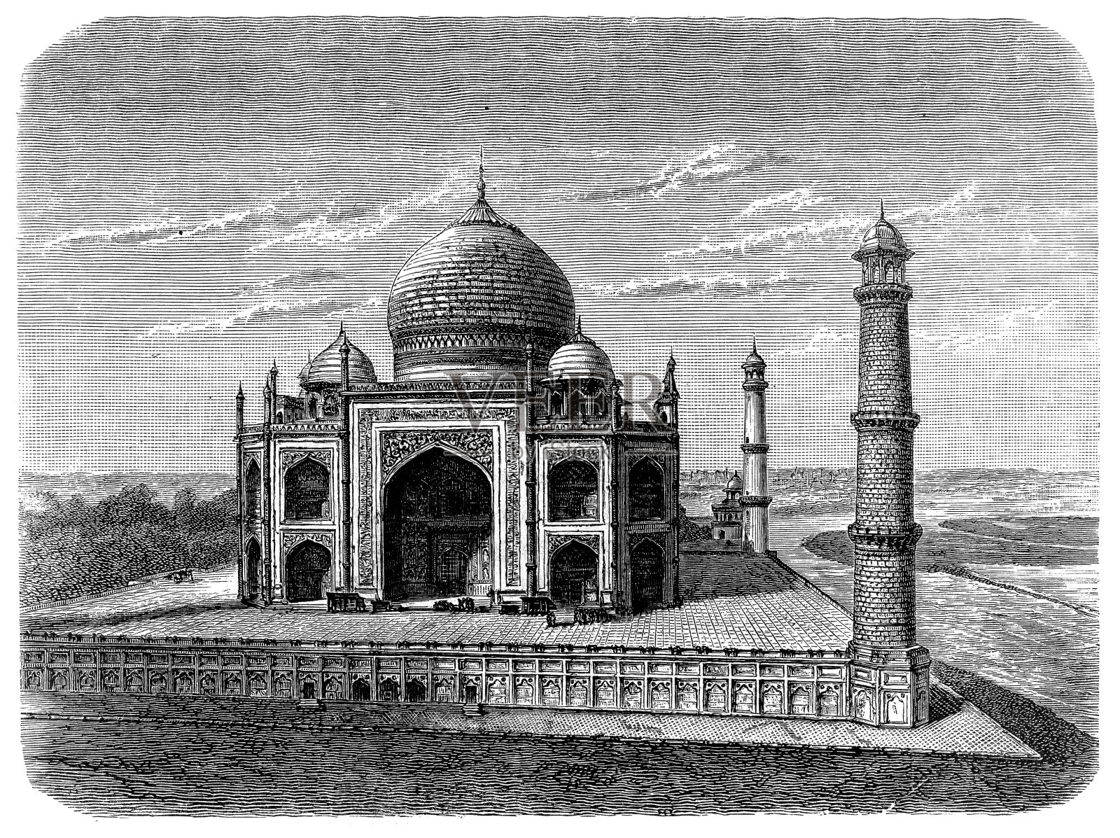 泰姬陵位于印度阿格拉市亚穆纳河南岸，是一座象牙白色的大理石陵墓插画图片素材