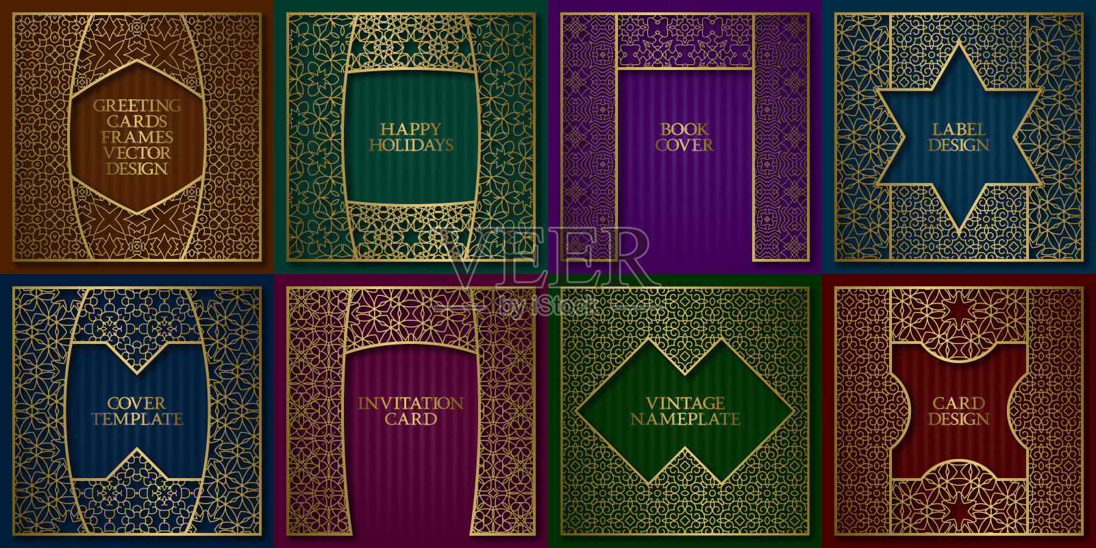 金色图案的框架集。复古设计的贺卡背景在亚洲传统风格。宣传册、书皮、铭牌、标签模板。设计模板素材