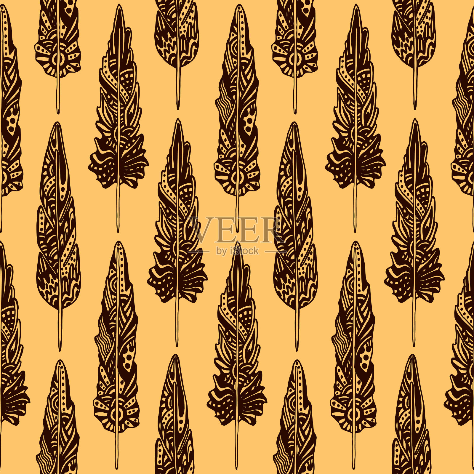 棕色和米色无缝图案与阿兹特克羽毛插画图片素材