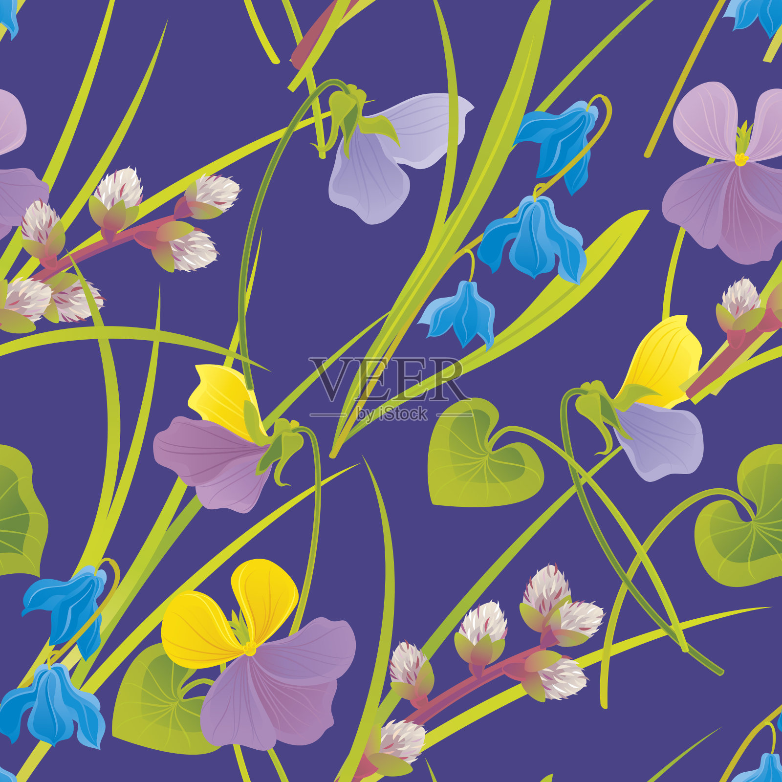 雪花莲和紫罗兰。春天的花卉图案。插画图片素材