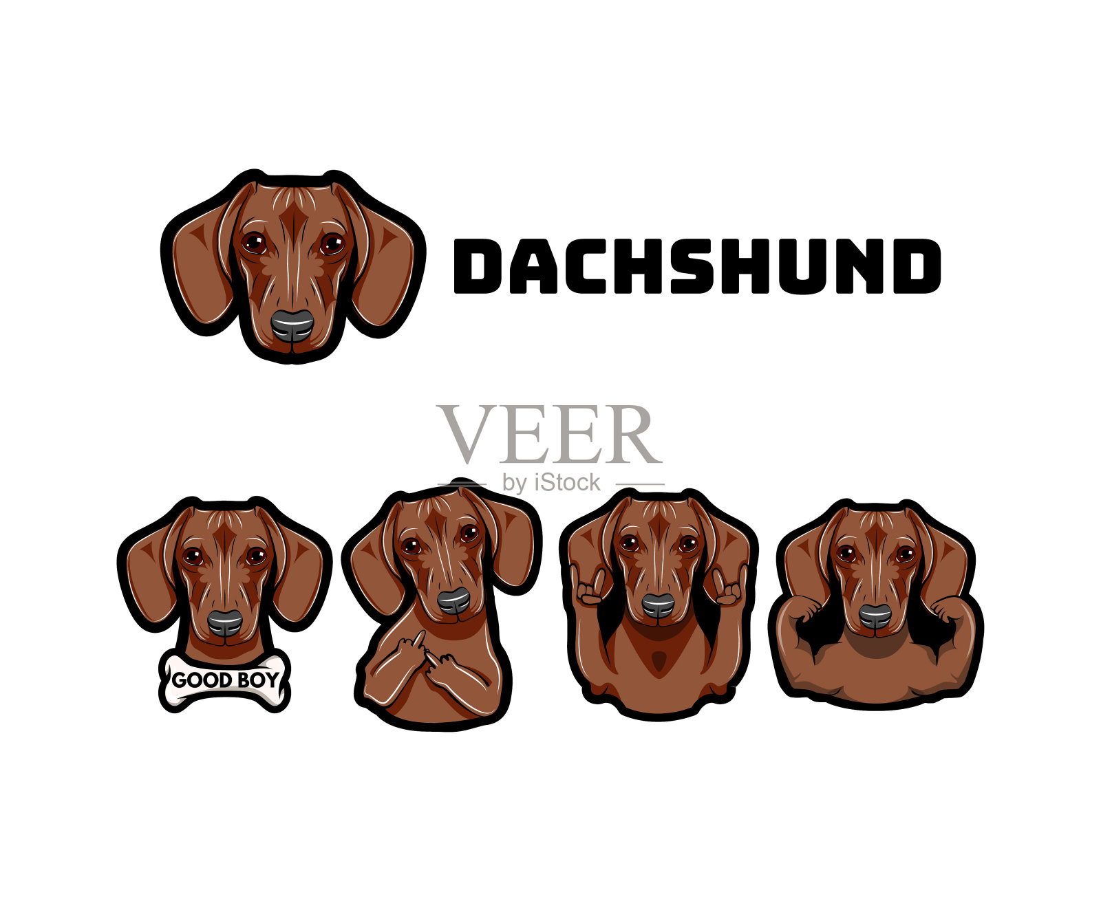 腊肠和手势。狗。中指，肌肉，骨头，岩石，角。向量。插画图片素材