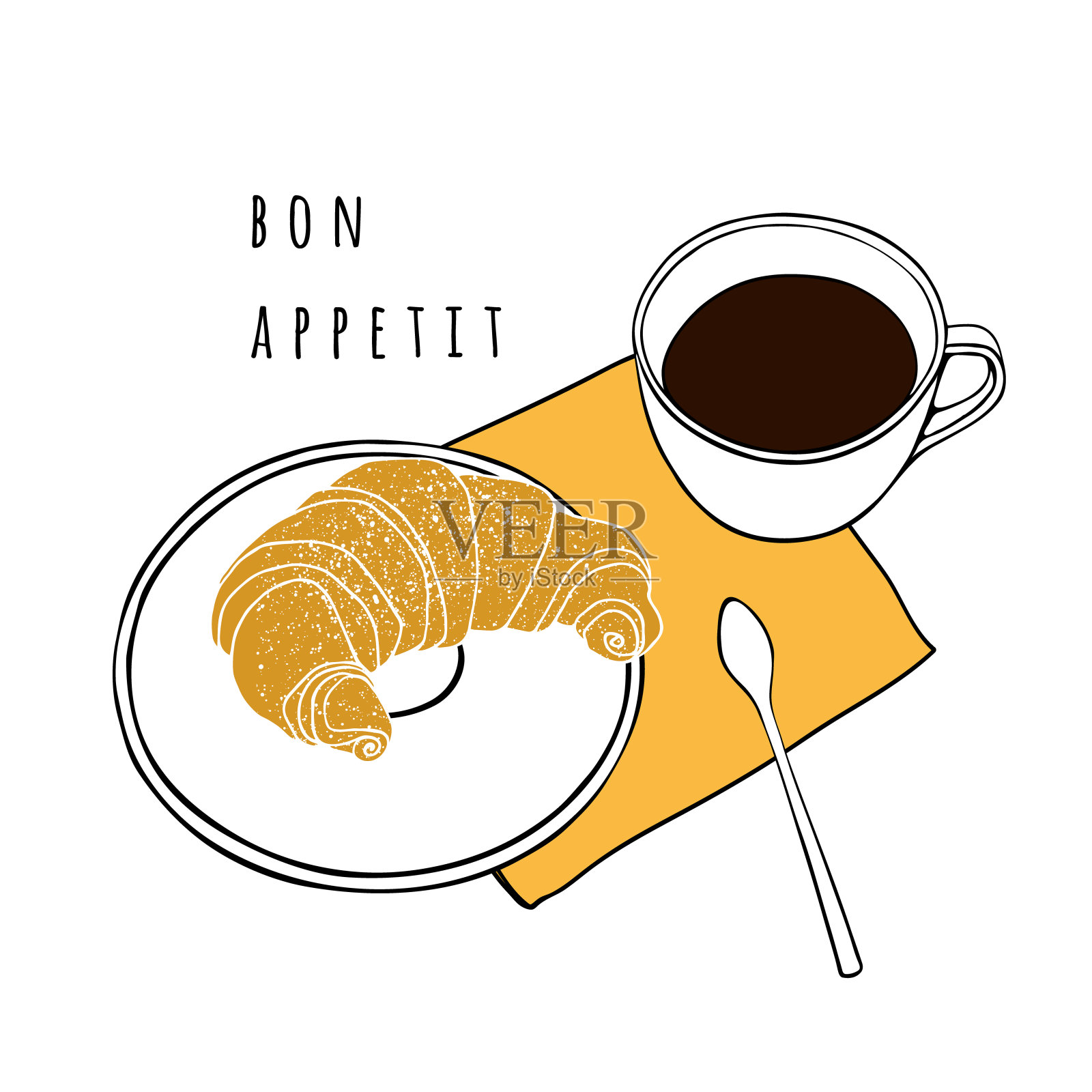 牛角面包和一杯咖啡。手绘矢量插图。一张咖啡馆，面包店，餐厅的海报。插画图片素材