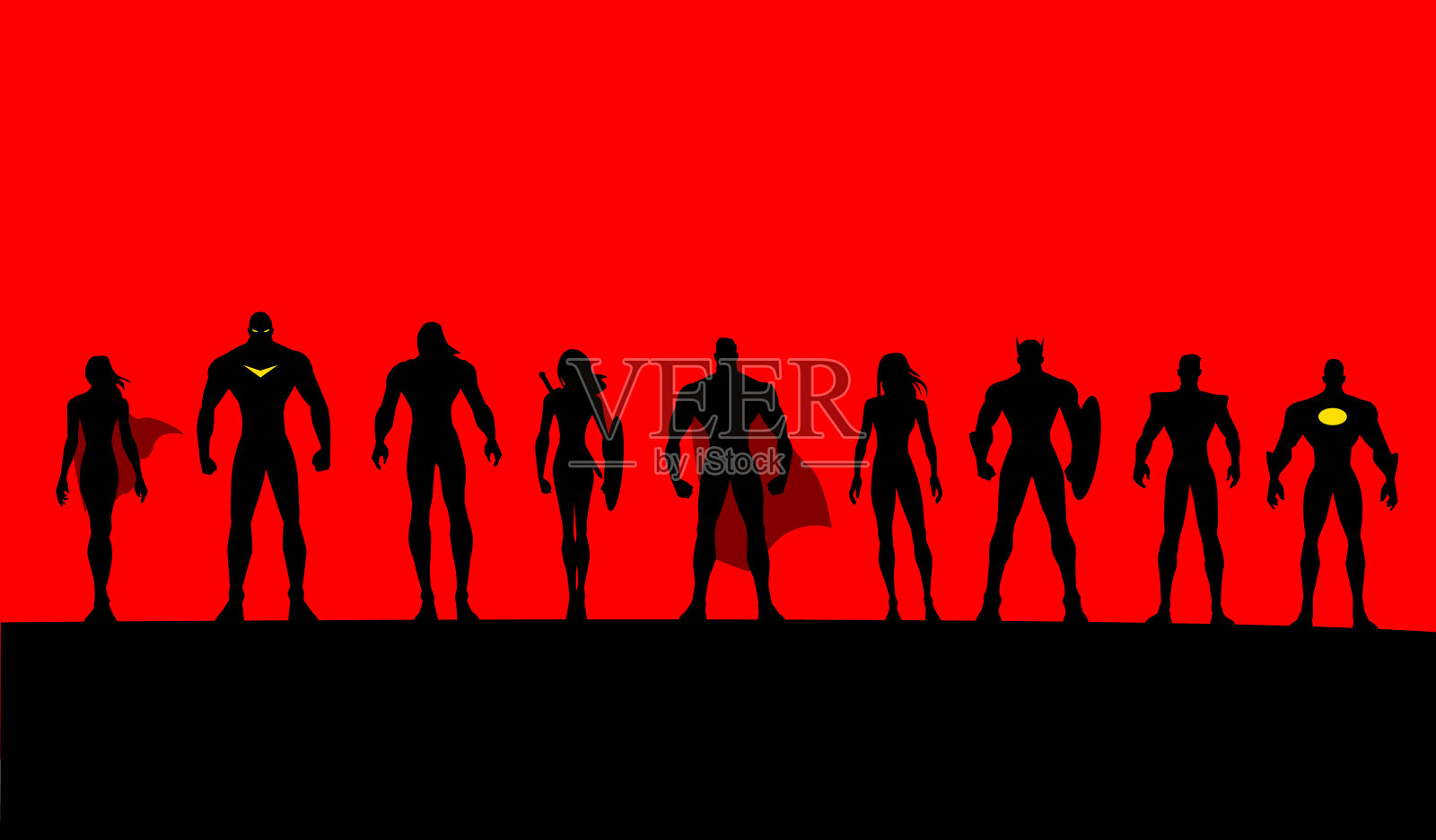 向量超级英雄团队设置剪影插画图片素材