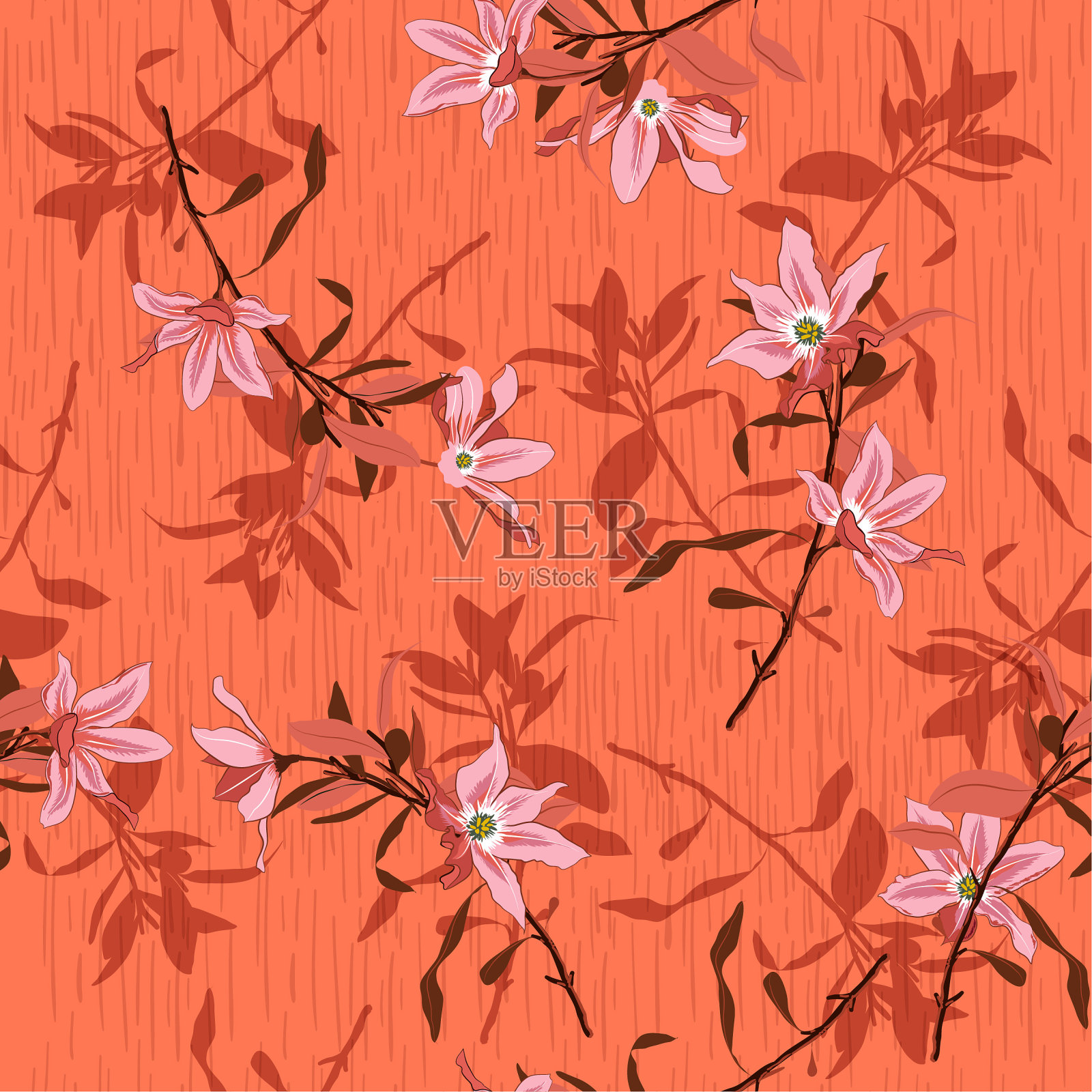 夏季橙色背景下的花园花朵阴影矢量无缝图案插画图片素材