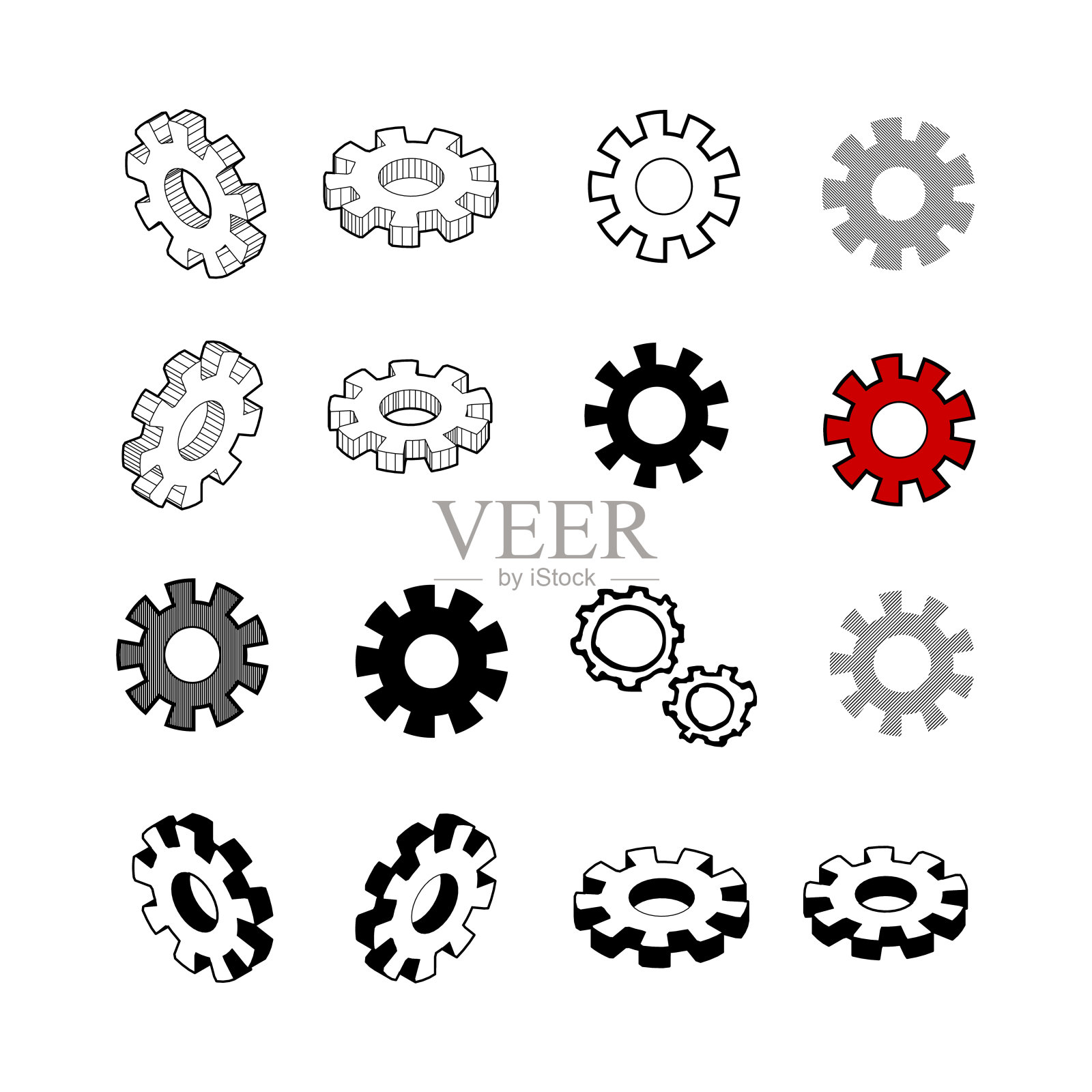 集合现代向量集。齿轮图标多类型3d等距，实心，直线，涂鸦，涂鸦，阴影等距和白色背景上的一点颜色图标素材