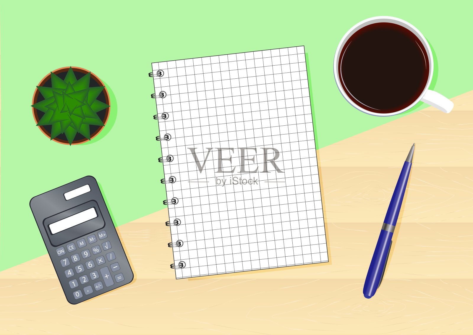 一张绿色背景的木桌，上面有一本笔记本、一支笔、一杯咖啡、一个计算器和一棵仙人掌。前视图。插画图片素材