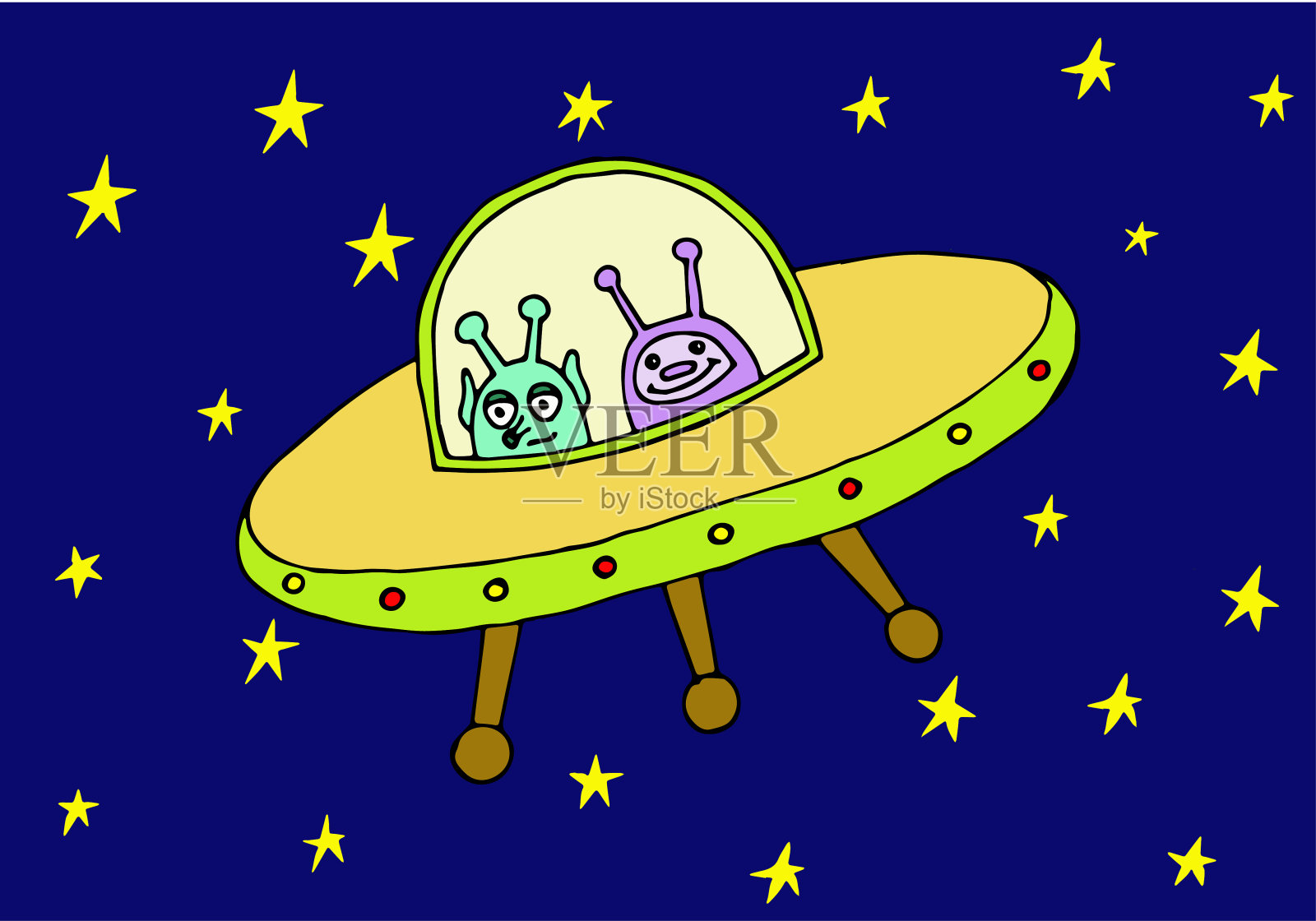 向量UFO插图与有趣的外星人。飞碟卡通设计。插画图片素材