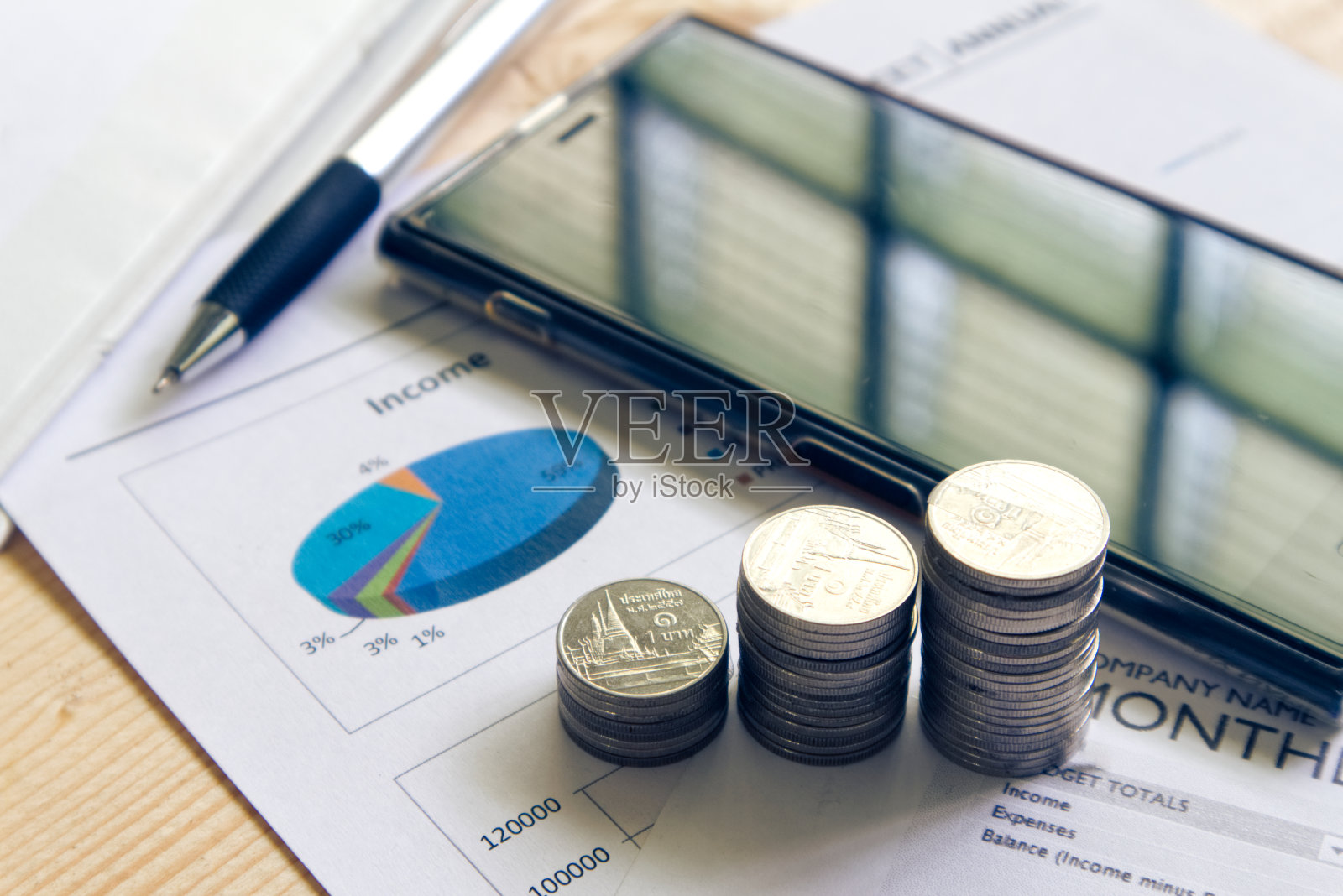 纸质文件上的钱币和钢笔，背景是智能手机照片摄影图片