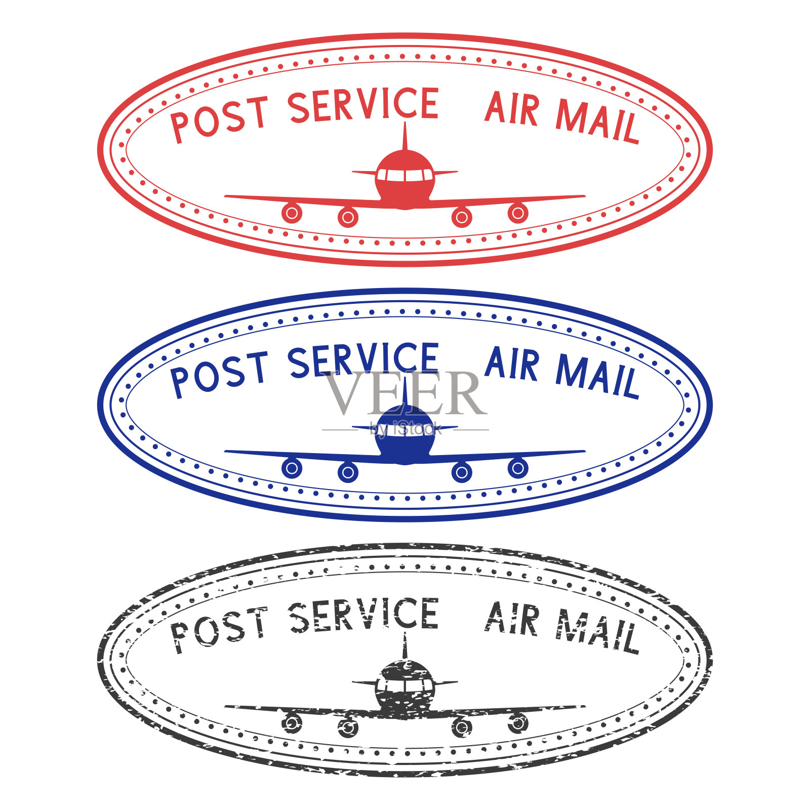 邮政服务航空信邮戳，邮戳上有飞机图案。有色墨水集合插画图片素材