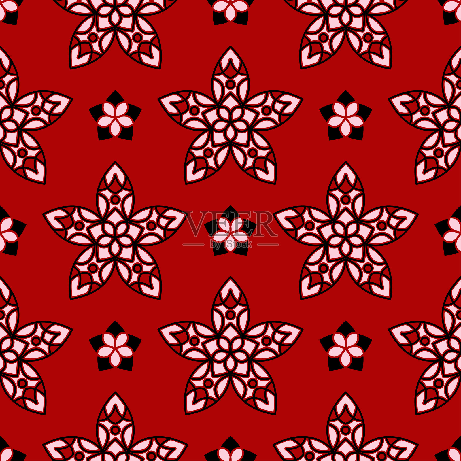 花卉无缝的背景。黑色和白色的花图案上的红色插画图片素材