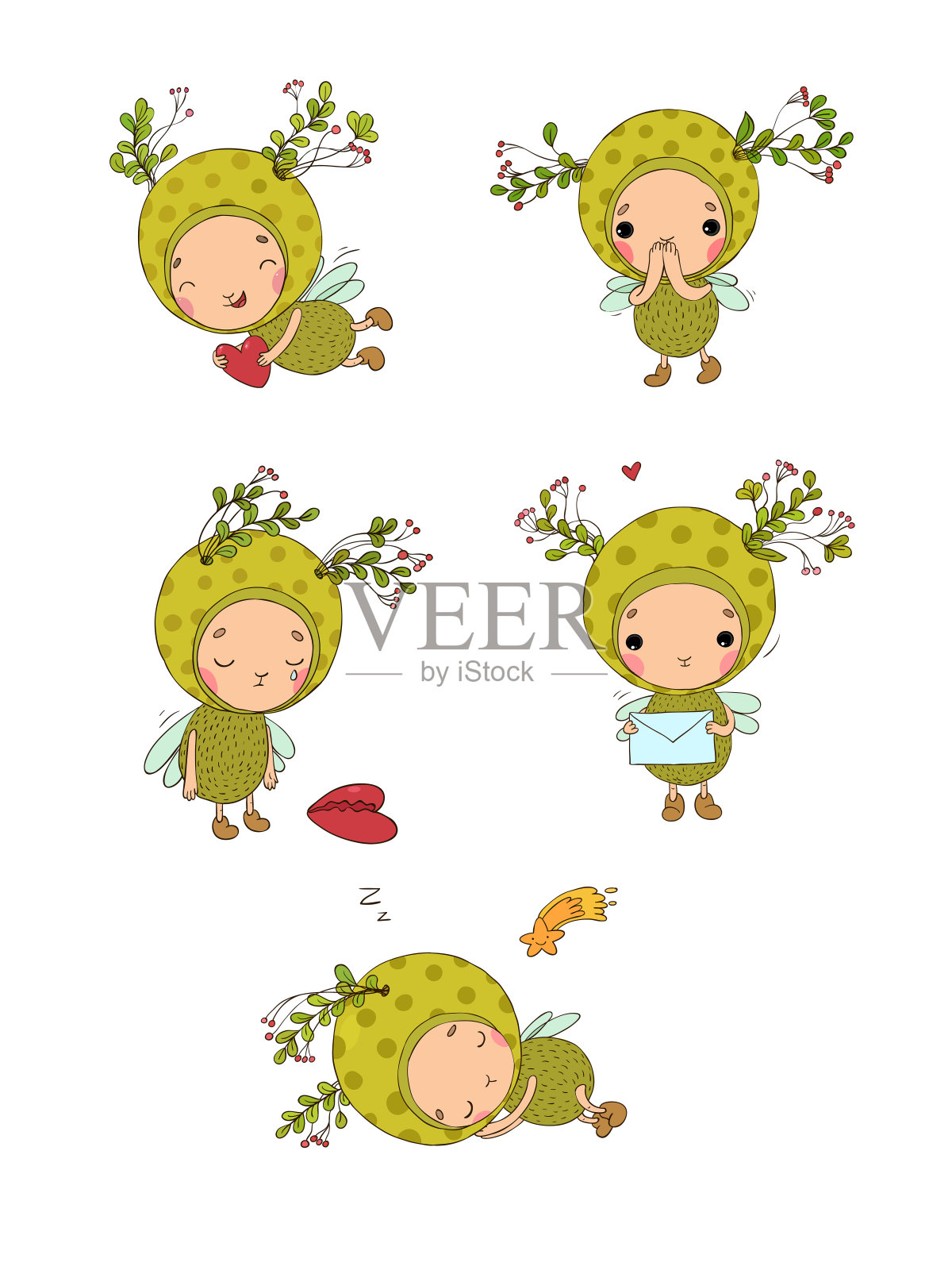 和一只快乐的昆虫在一起。森林精灵。可爱的精灵。卡通飞。插画图片素材