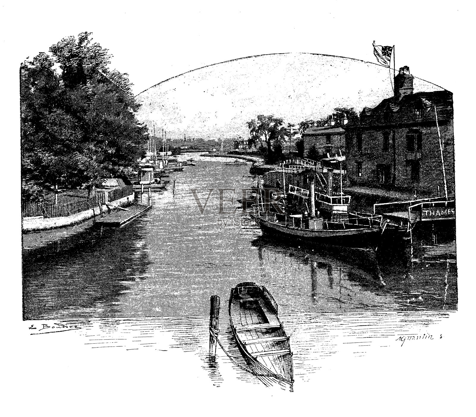 英格兰、苏格兰和爱尔兰的古董插图:牛津的泰晤士插画图片素材