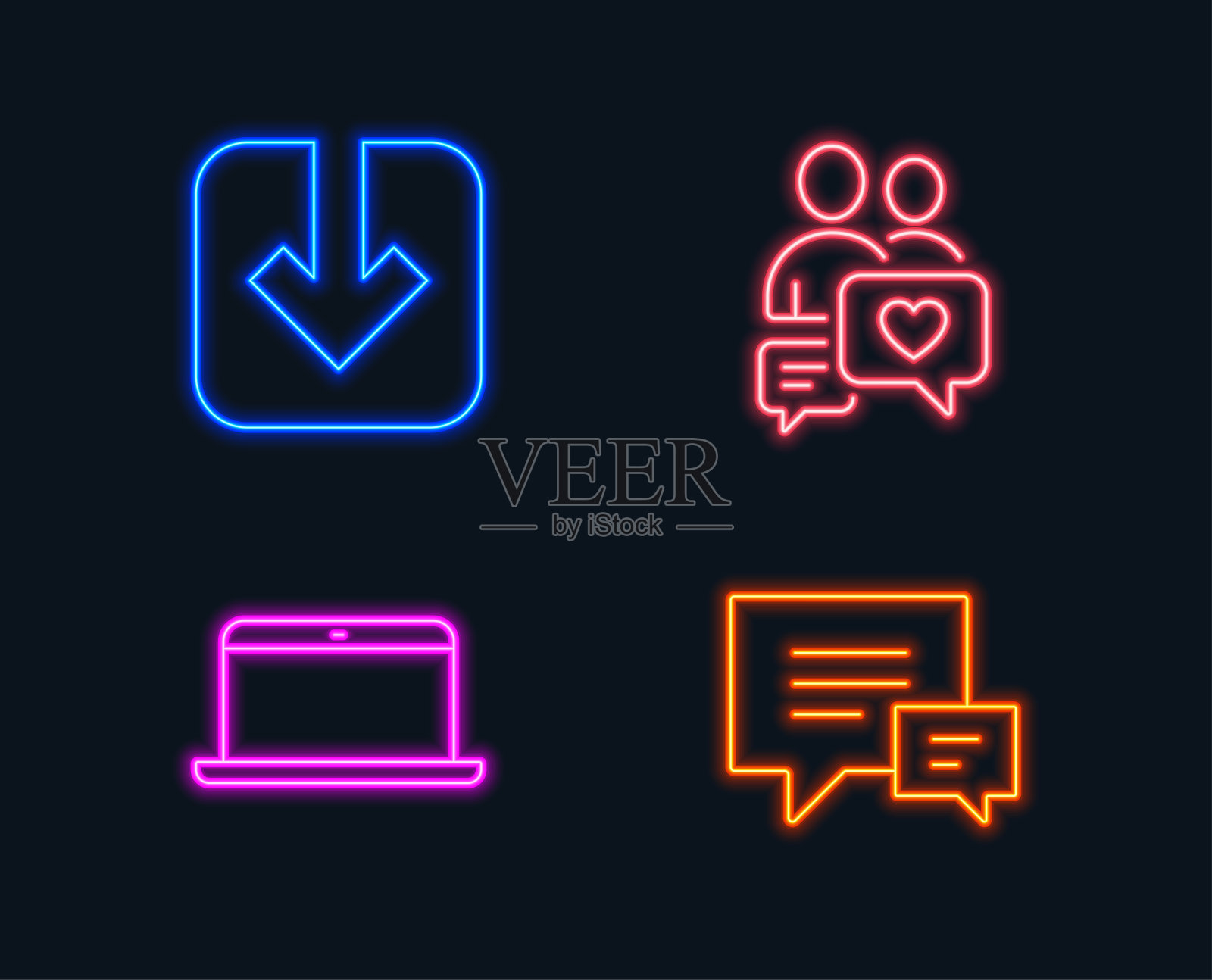 加载文件，约会聊天和笔记本电脑图标。评论的迹象。下载箭头，人爱，移动电脑。图标素材