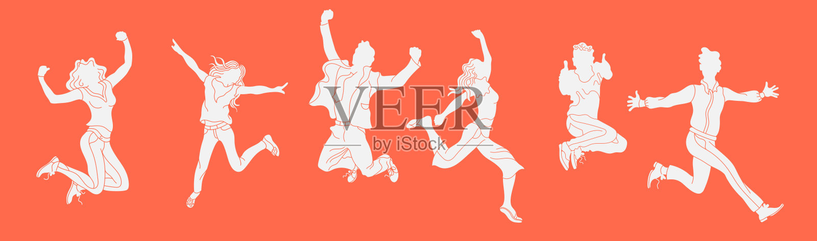 橙色背景上的跳跃人群剪影横幅插画图片素材