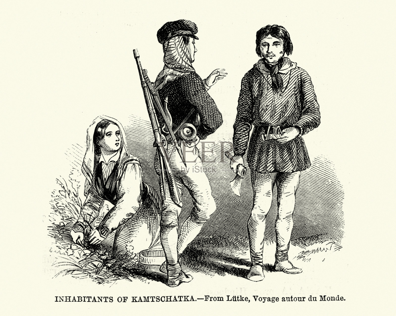 19世纪俄罗斯堪察加半岛的男男女女插画图片素材