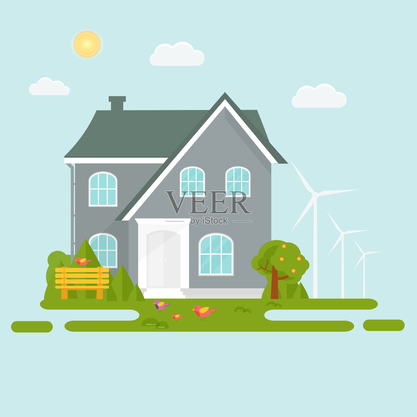 抽象的春天背景有温馨的家、房子、小屋，有插画图片素材