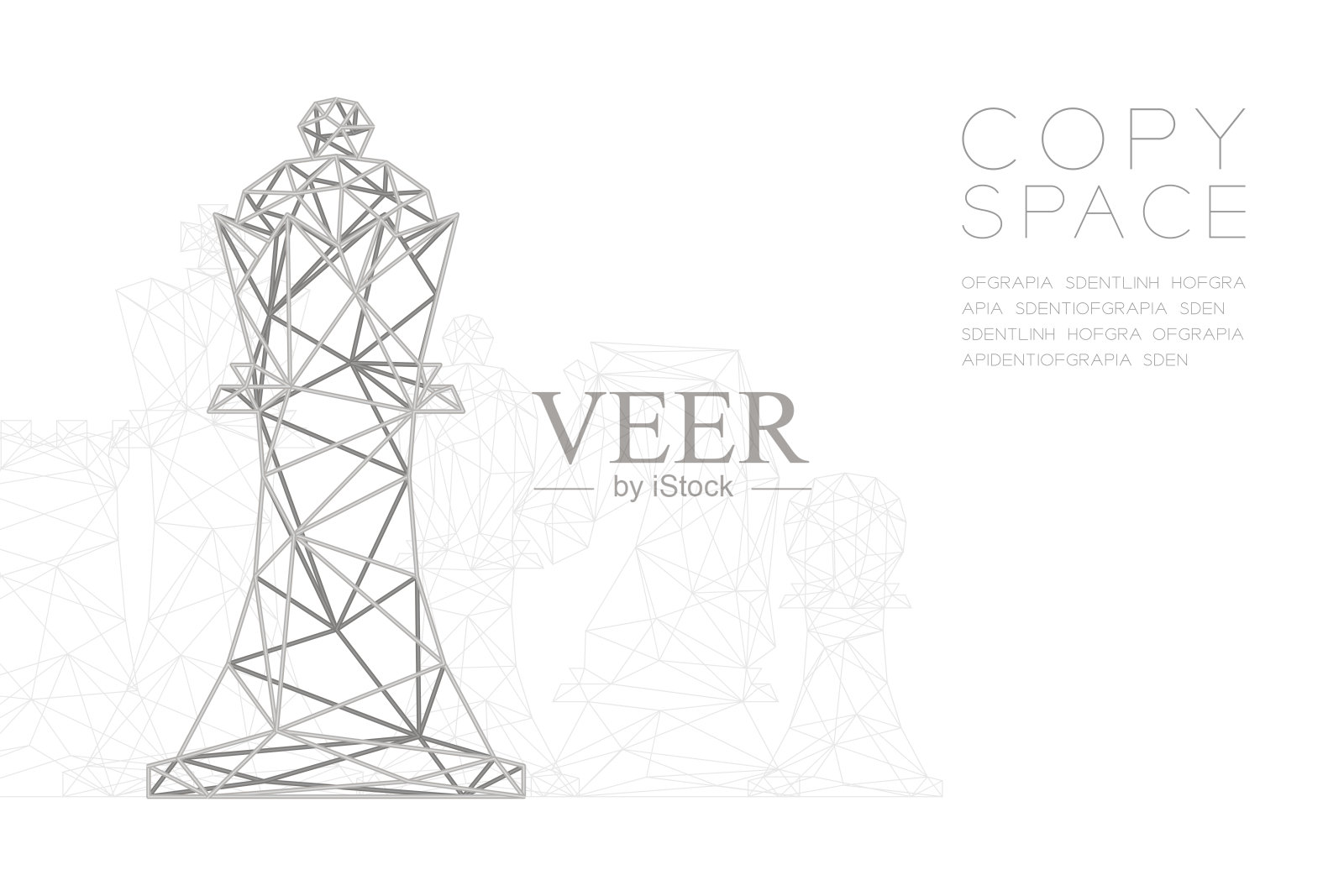 银色线框多边形结构的国际象棋国王，商业策略概念设计插图，隔离在具有复制空间的黑色渐变背景上，矢量EPS 10插画图片素材