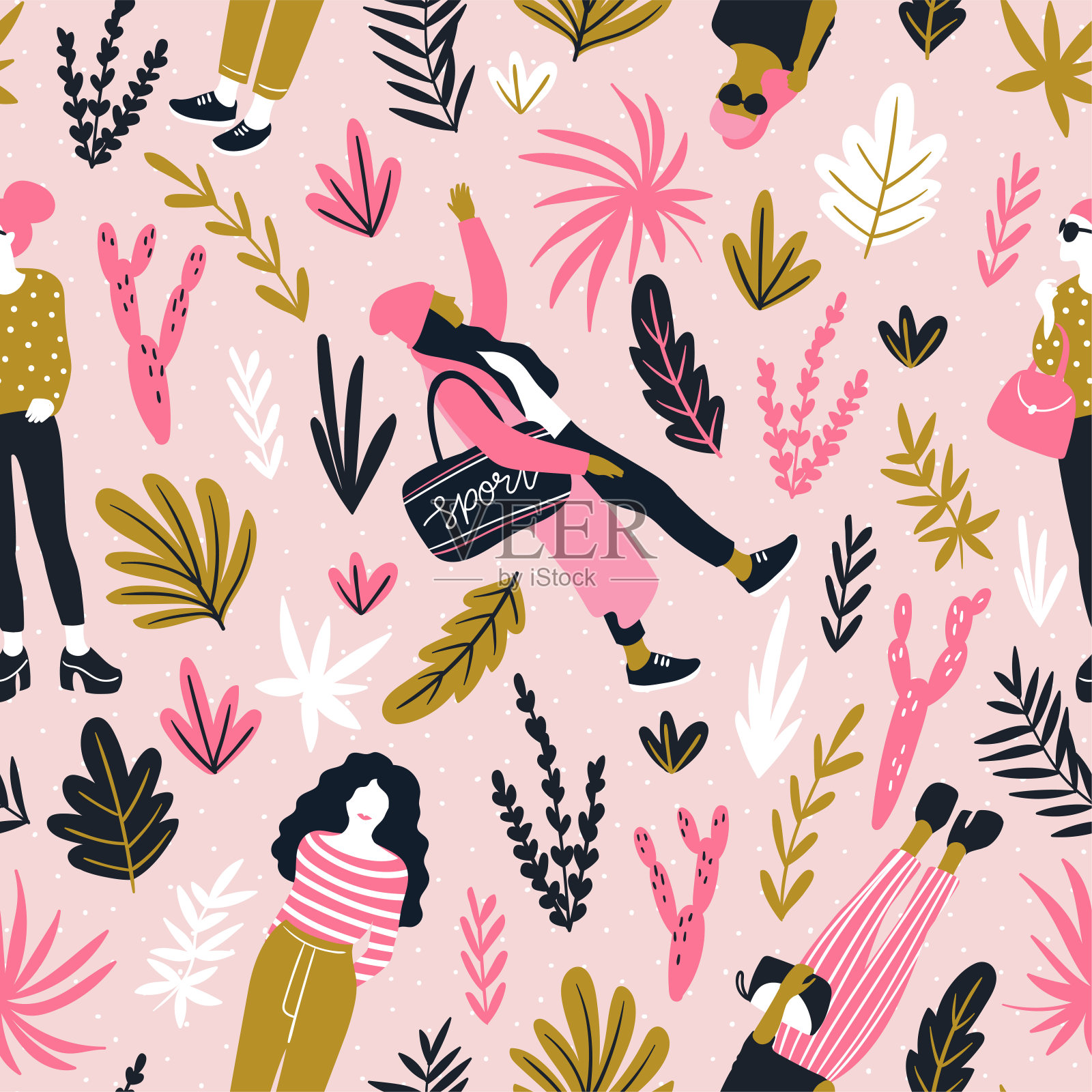 时尚的年轻女性在休闲风格与热带树叶在粉红色波尔卡点背景。矢量手绘时尚无缝图案与女孩。明亮的织物设计。插画图片素材