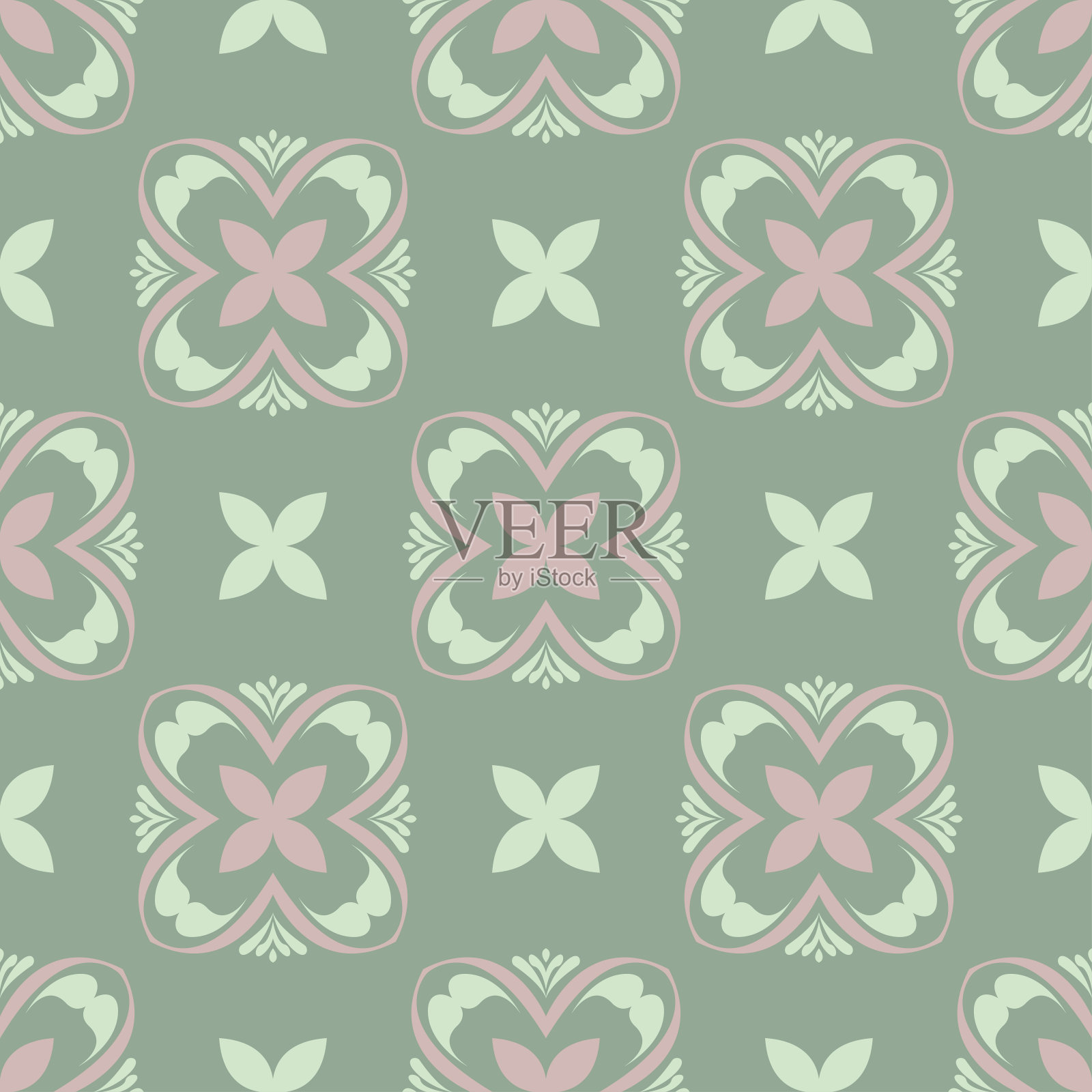 橄榄绿色花无缝图案与淡粉色元素。带有花卉图案的背景插画图片素材