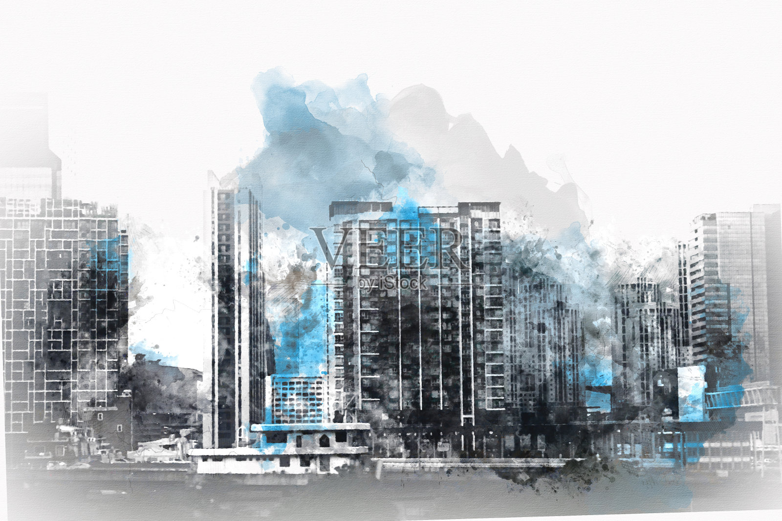 摘要以城市建筑为背景的水彩画。城市上的数字插画刷艺术。插画图片素材