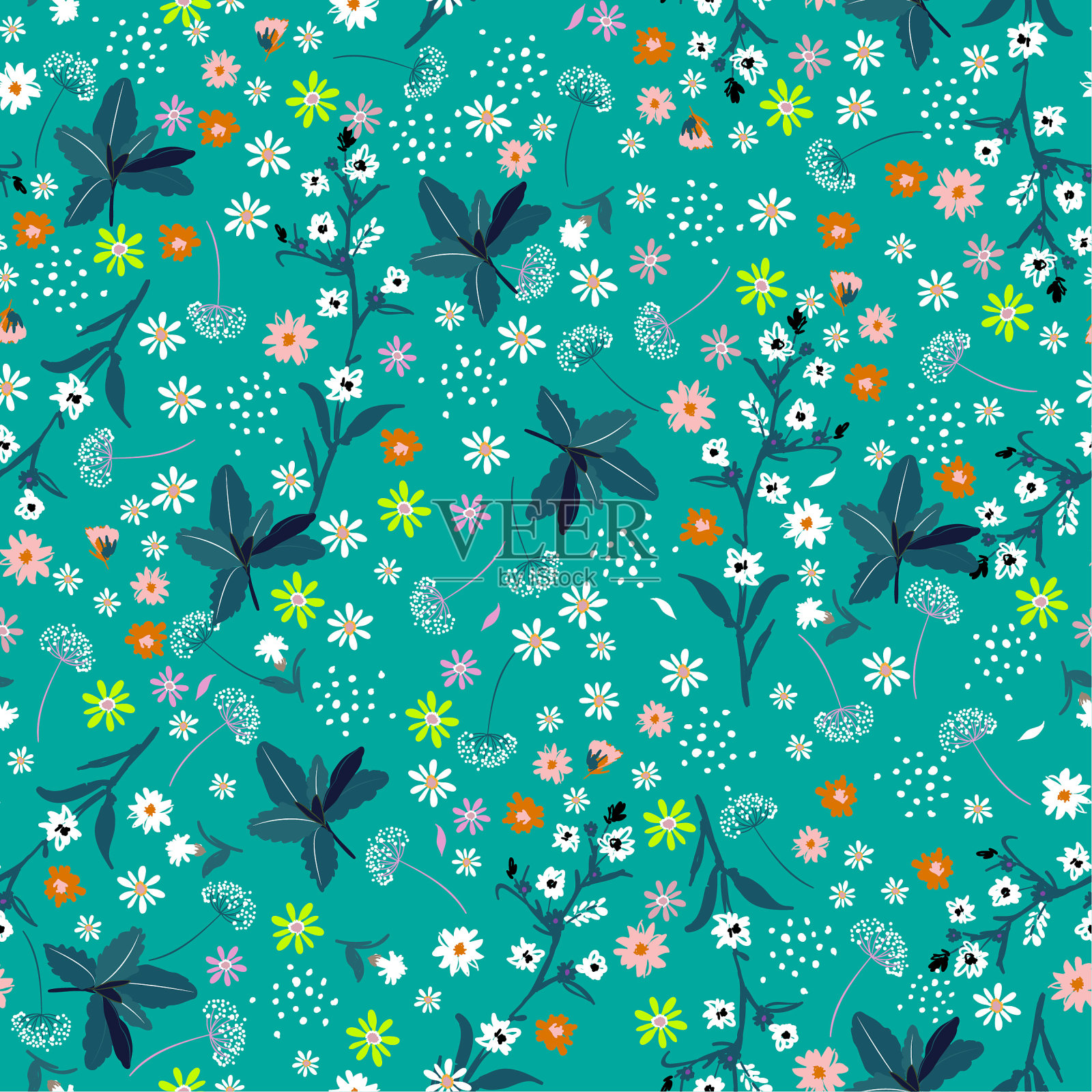 鲜艳的夏日自由花无缝图案，优雅温柔新潮的小花。花草甸背景纺织，织物，封面，制造，壁纸，打印，礼品包装和剪贴簿插画图片素材