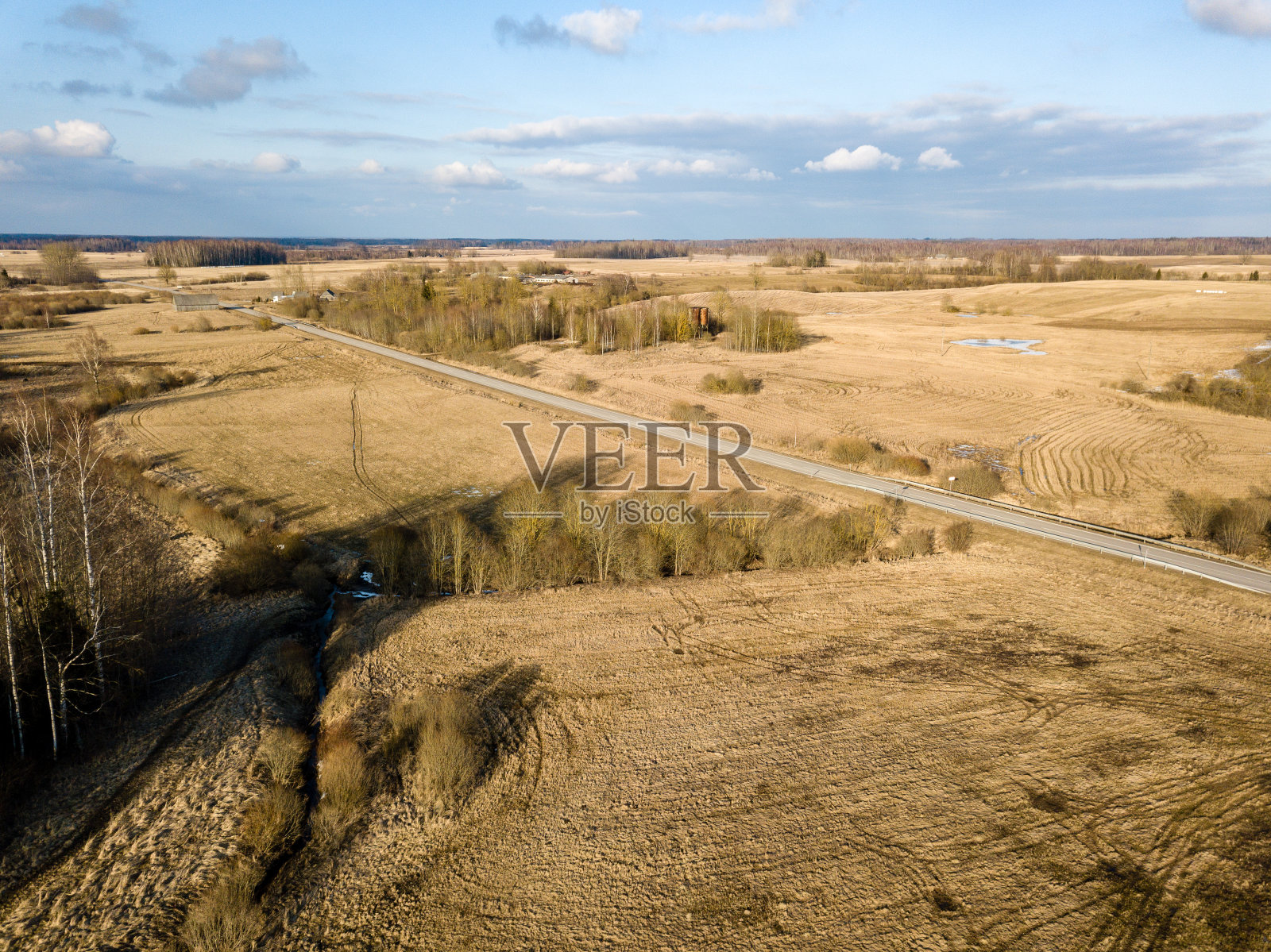 无人机图像。农村地区鸟瞰图，有房屋和道路网。拉脱维亚杰卡比尔斯附近的迪布尔蒂居民区照片摄影图片