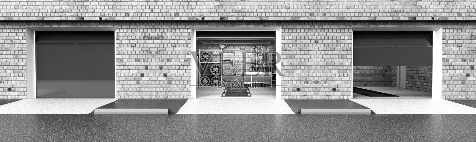 正面视图的amty车库3D室内开放卷帘门3D渲染照片摄影图片