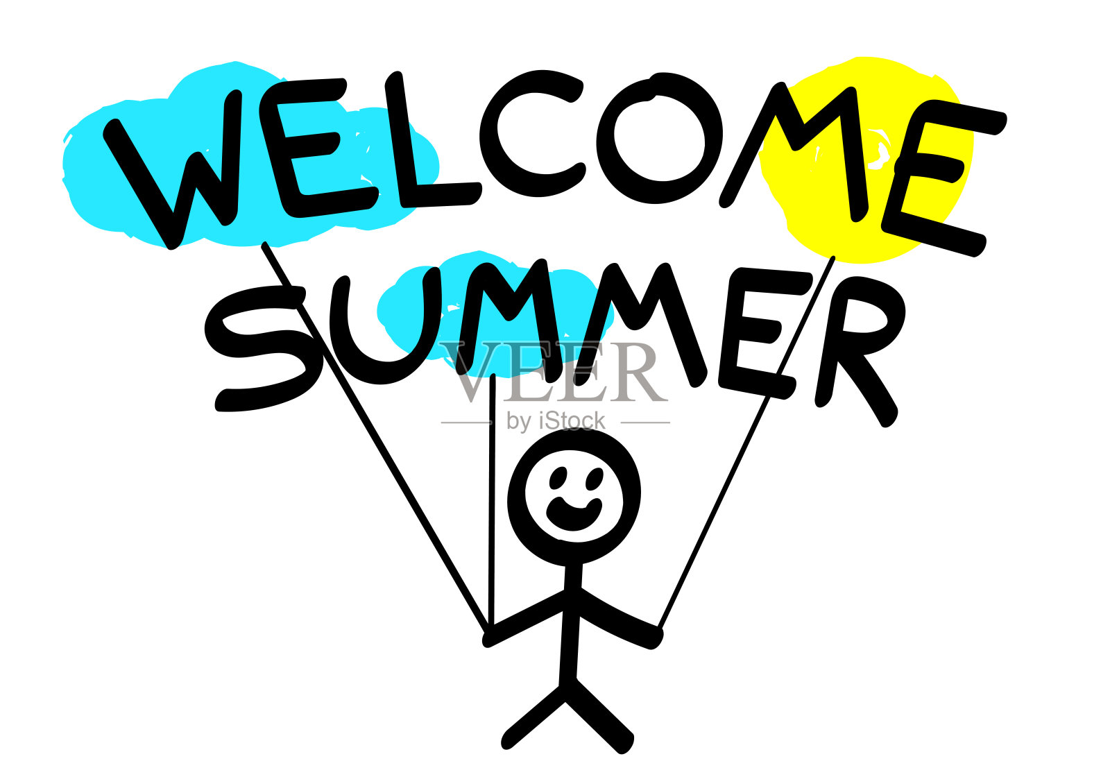 线形的男孩，手握云和太阳插画图片素材