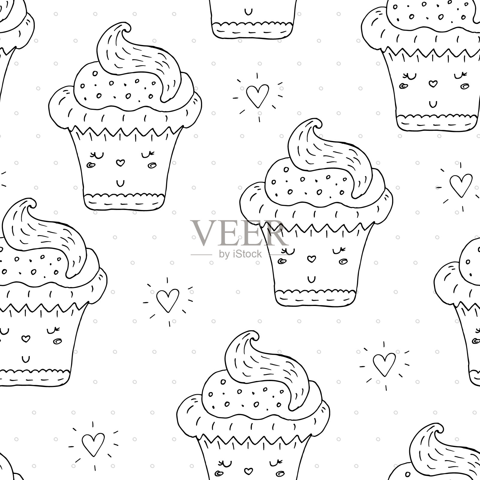 可爱的手绘无缝图案与纸杯蛋糕图案。矢量插图。插画图片素材