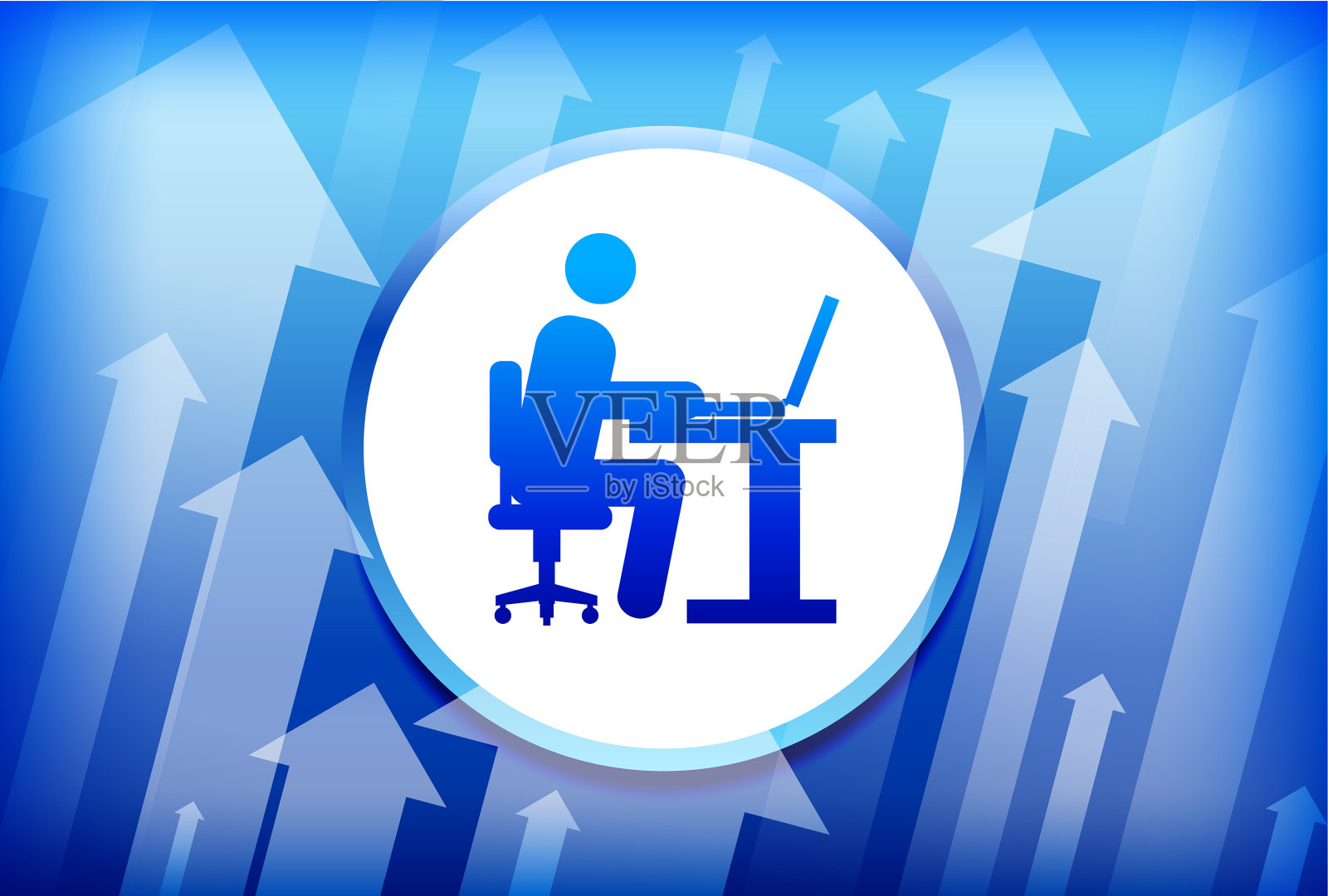 在电脑上工作的人蓝色箭头背景插画图片素材