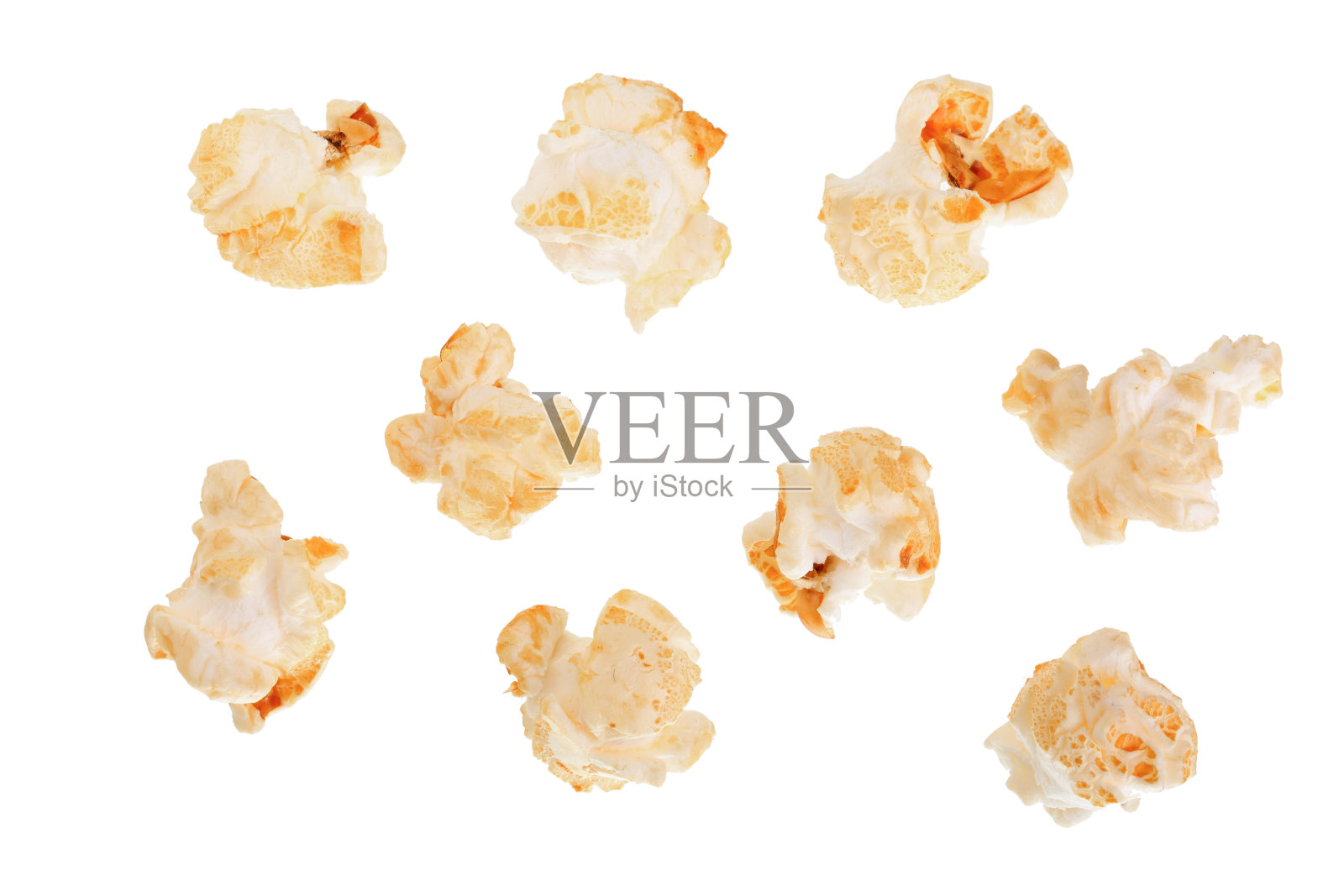 爆米花孤立在白色背景上。俯视图照片摄影图片