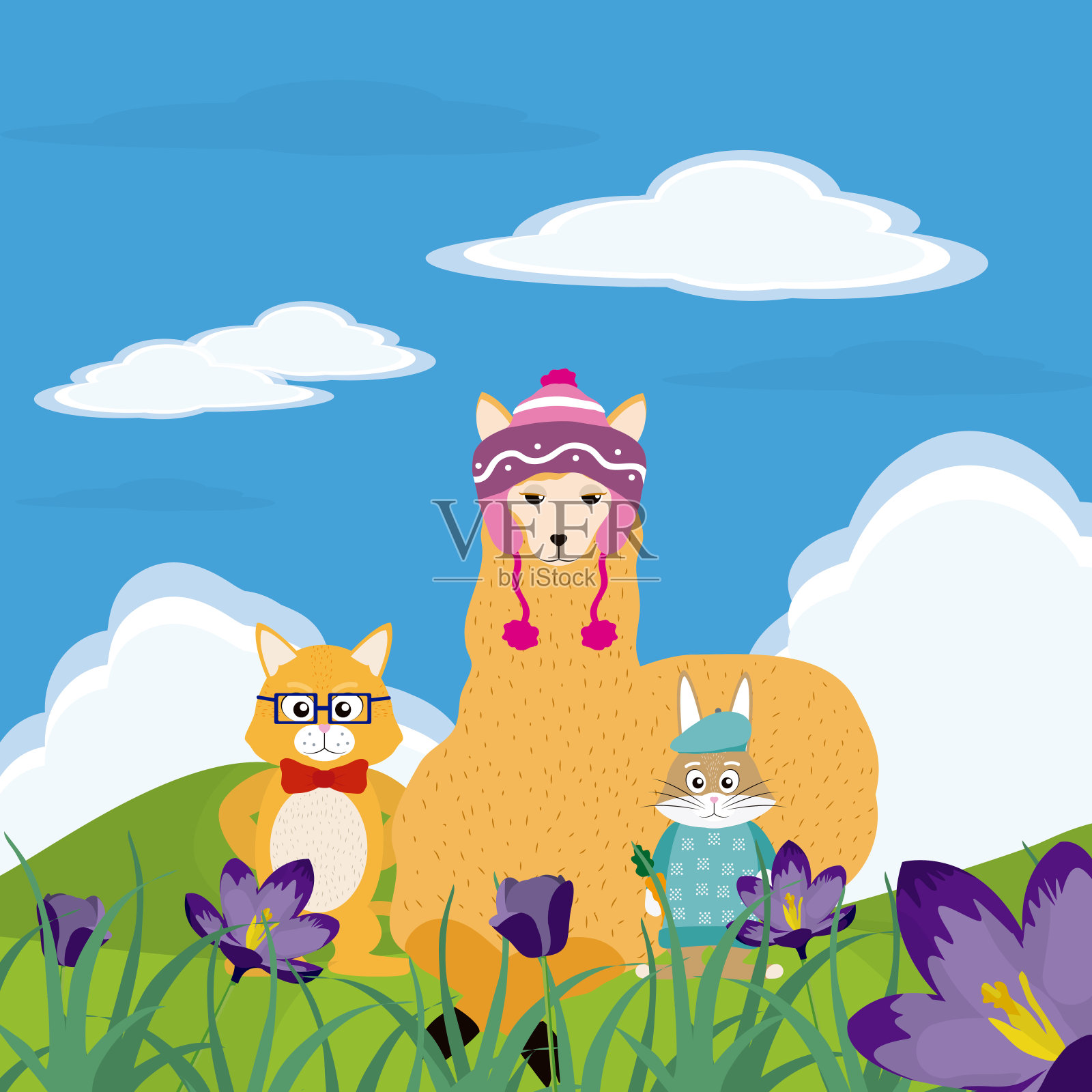 可爱的动物在自然卡通插画图片素材