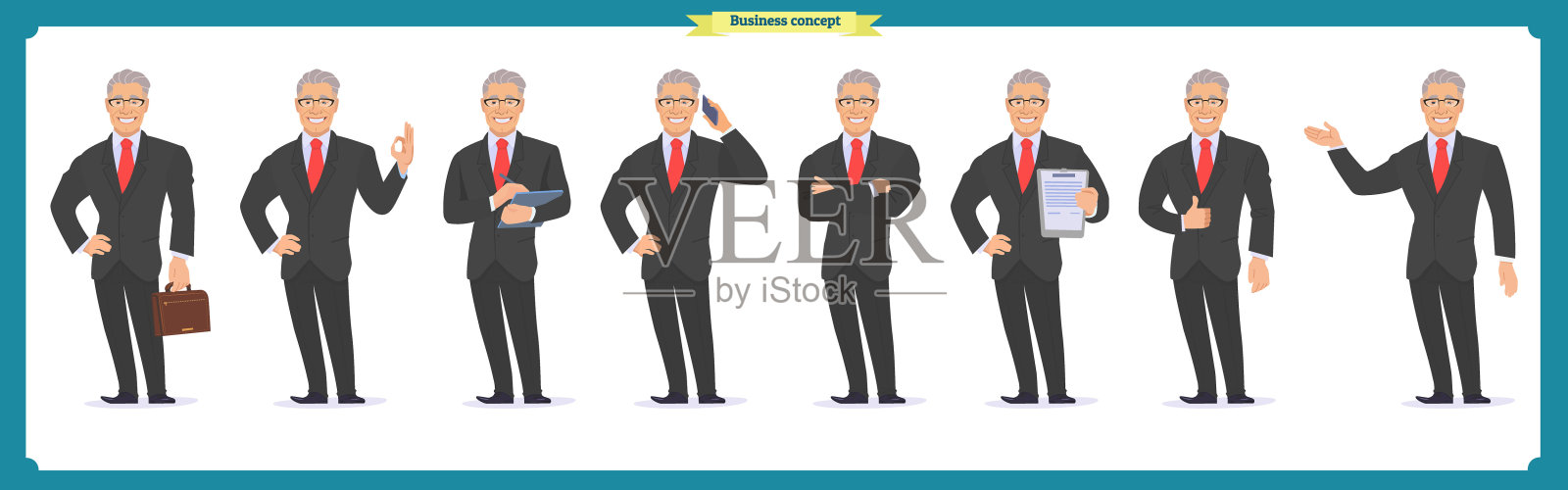 商人的性格。姿势，全身，不同的观点，情绪，身体元素。孤立的向量在白色。穿着西装的男人。平面动画。业务人员。人阿凡达表达式。人性格插画图片素材