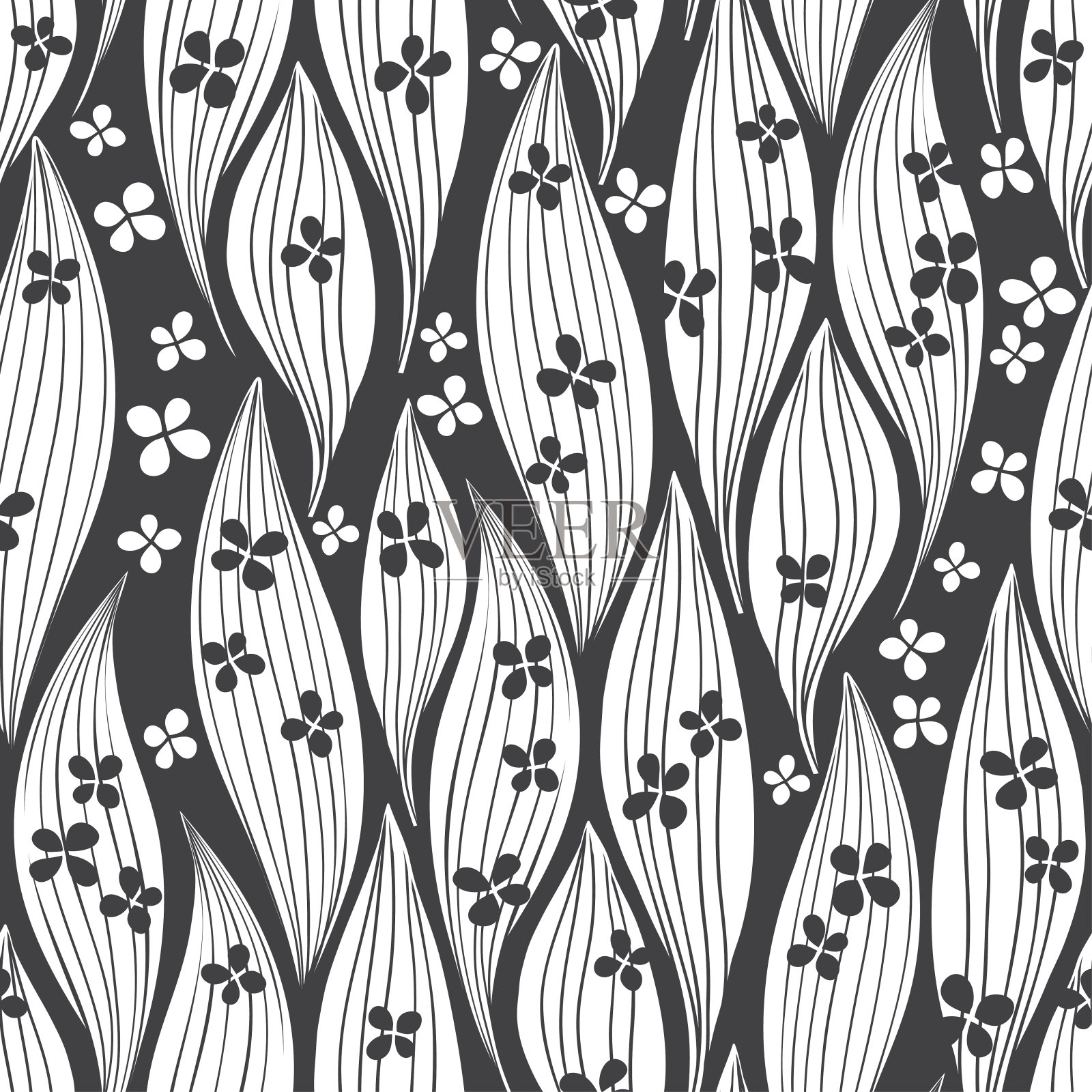 单色无缝图案的抽象叶和花在黑色的背景。插画图片素材