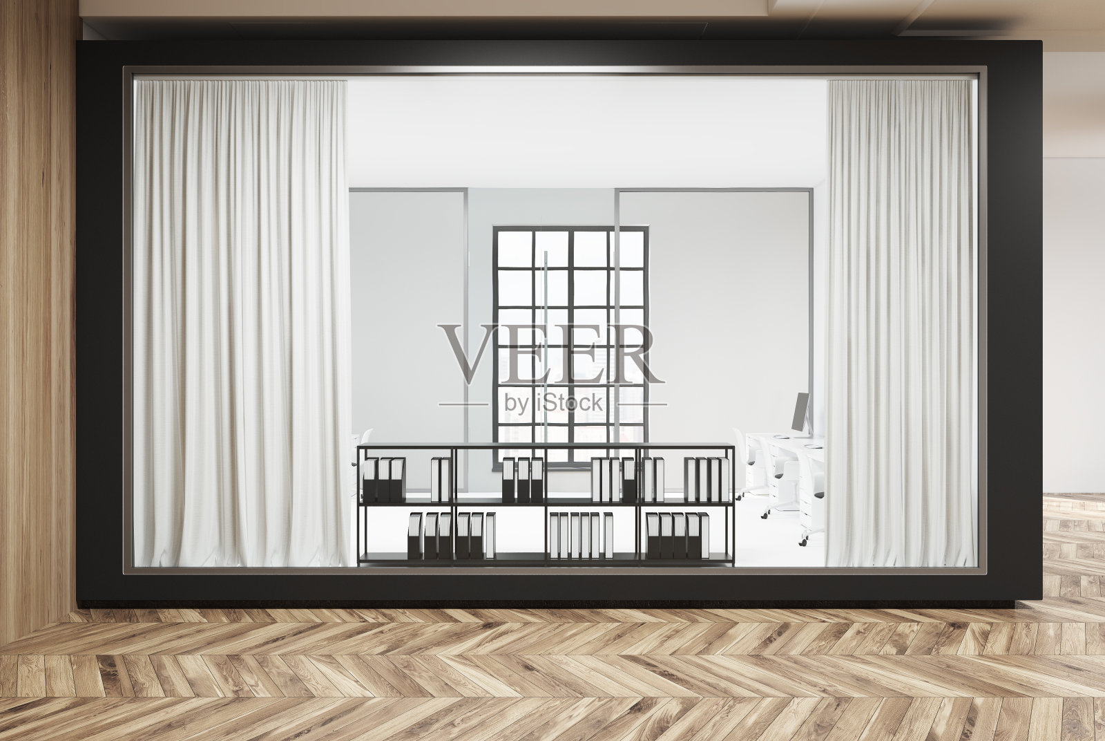 白色和玻璃开放空间的办公室，木地板照片摄影图片