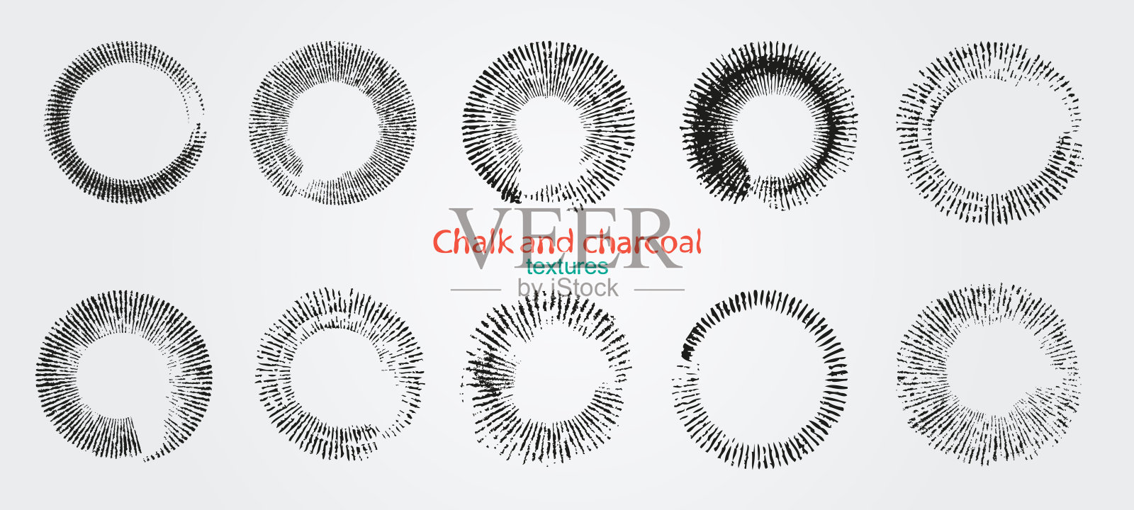 粉笔和木炭。一组矢量笔触。油漆斑点。枯燥乏味的纹理。以阳光的形式出现的圆圈。瓦楞结构。孵化。手工制作的。黑色背景。插画图片素材