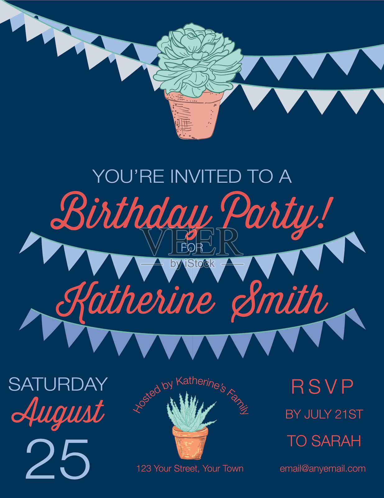 手绘可爱仙人掌派对邀请函插画图片素材