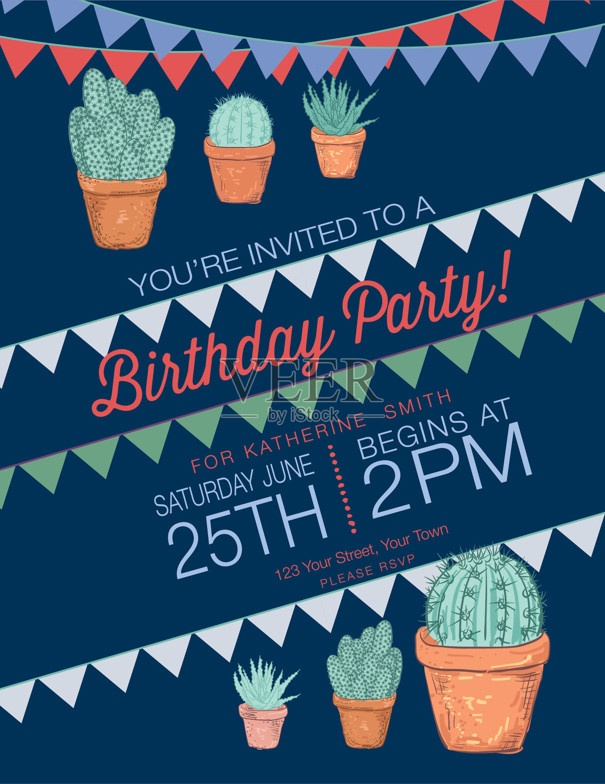 手绘可爱仙人掌派对邀请函插画图片素材