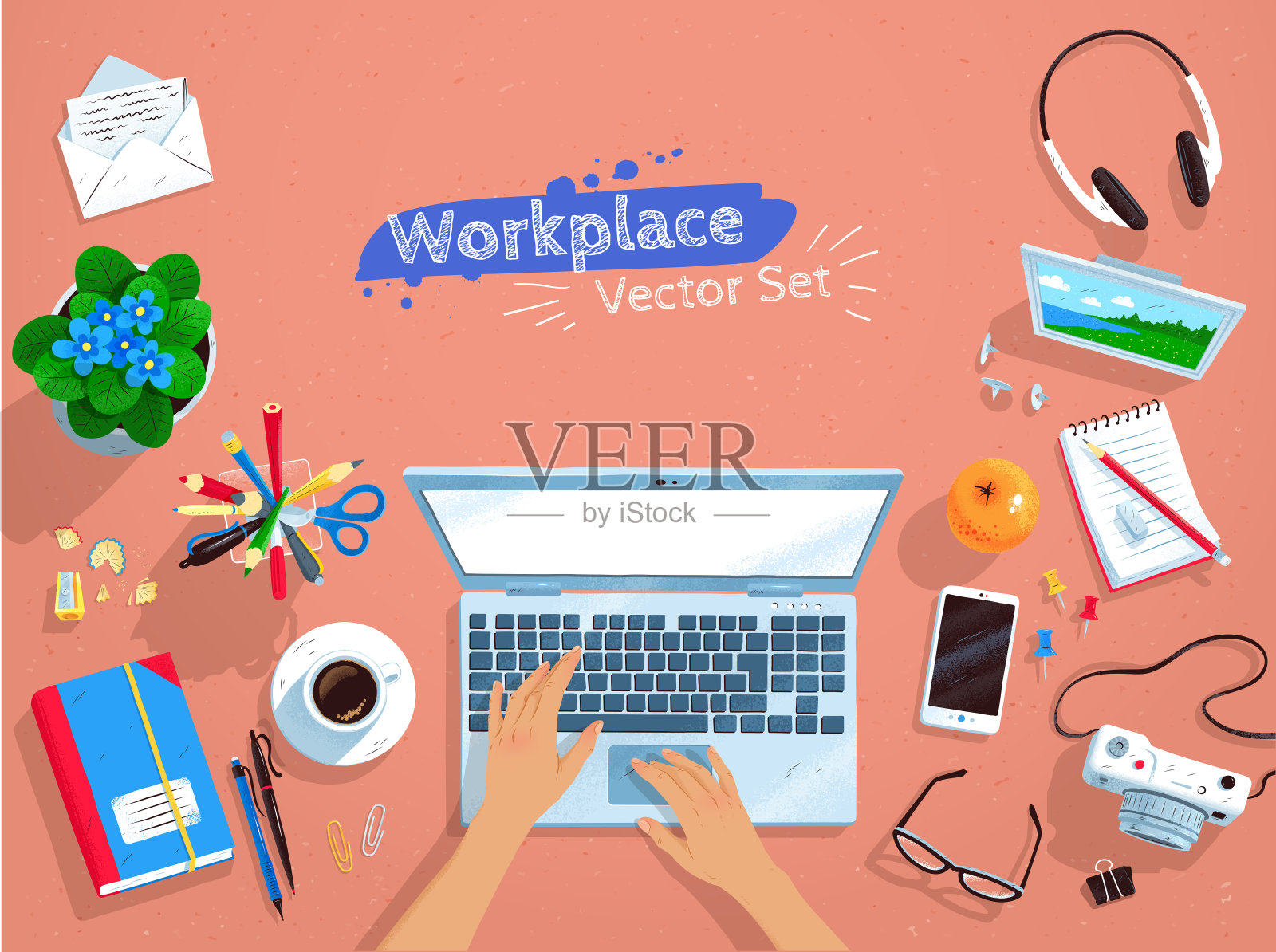 俯视图向量组的办公室工作场所插画图片素材