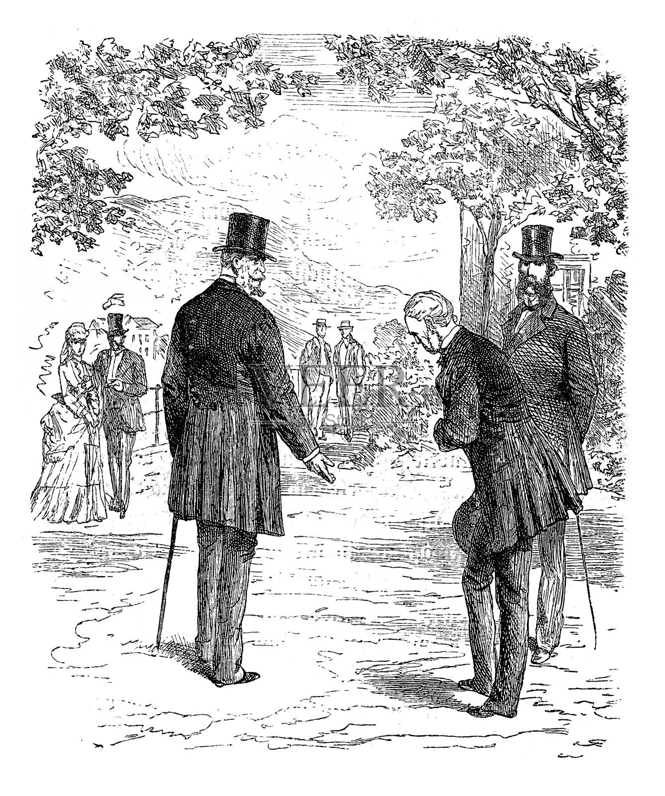 1870年7月13日普鲁士威廉一世和法国大使贝内代蒂伯爵在坏Ems;结果第二天发表了《Ems快报》，结果法国宣战了插画图片素材